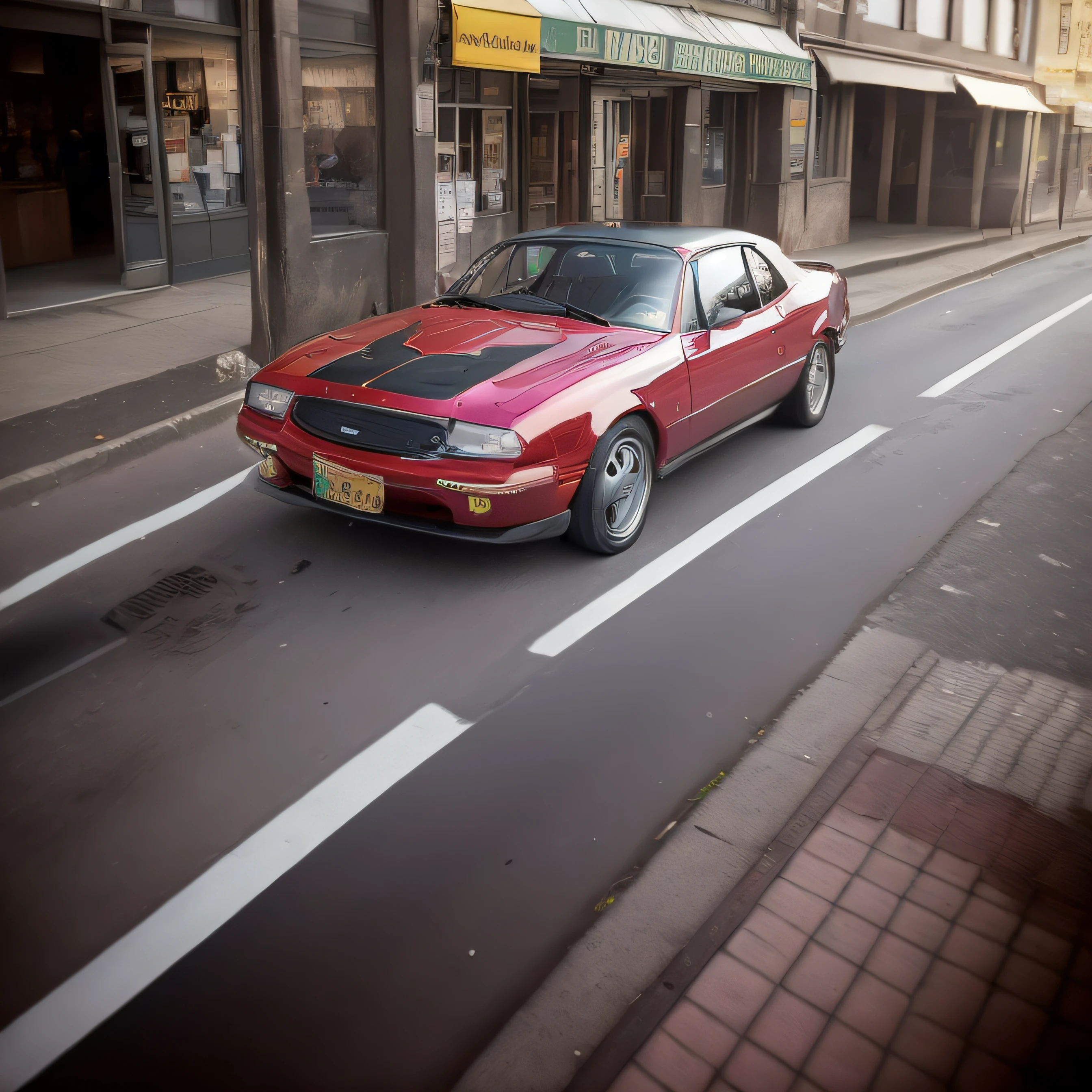 there is a red car driving down the street in front of a store, kodakchrome : : 8 k, de tomaso, mid shot portrait, front shot, the last v 8 interceptor, automotive photography, red and cinematic lighting, cinematic front shot, a wide full shot, middle shot, cinematic shot ar 9:16 -n 6 -g --auto