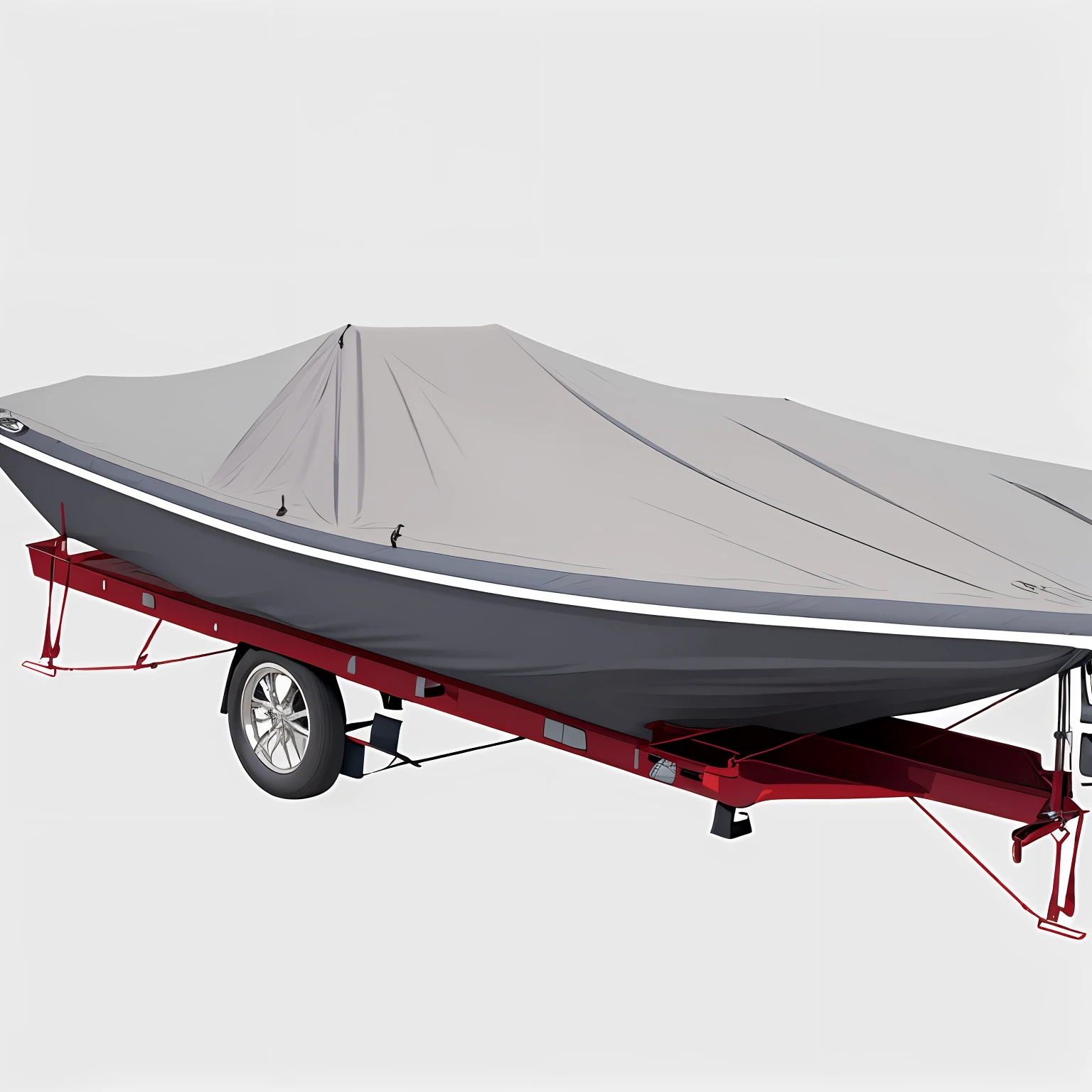 I need a gray boat cover mounted on top of jon boat, boat at the dock, white background.