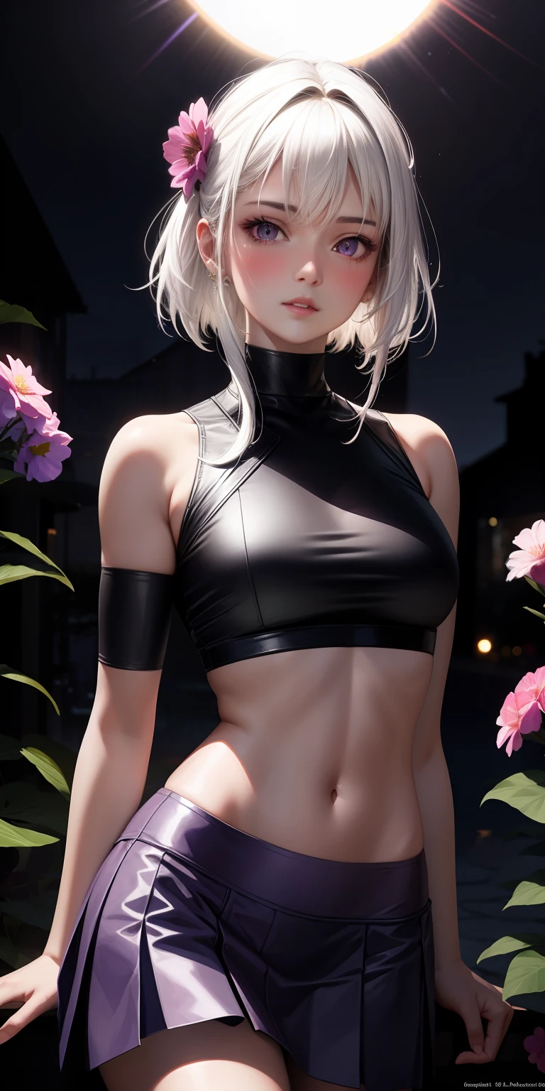 realistic, 1girl, white hair, purple eyes, glowing eyes, crop top, skirt, parted lips, blush, night, flowers, sun, sunlight