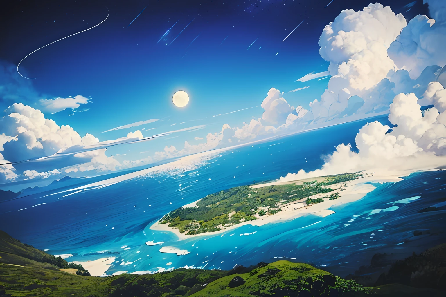 Masterpiece beautiful, volumetric lighting, (ambrosia), gust of wind, mountains stars ocean forest, (oro:1.2), floating island, will-o'-the-wisp \(mythology\), lily \(flower\), firefly, clouds moon, fragrance