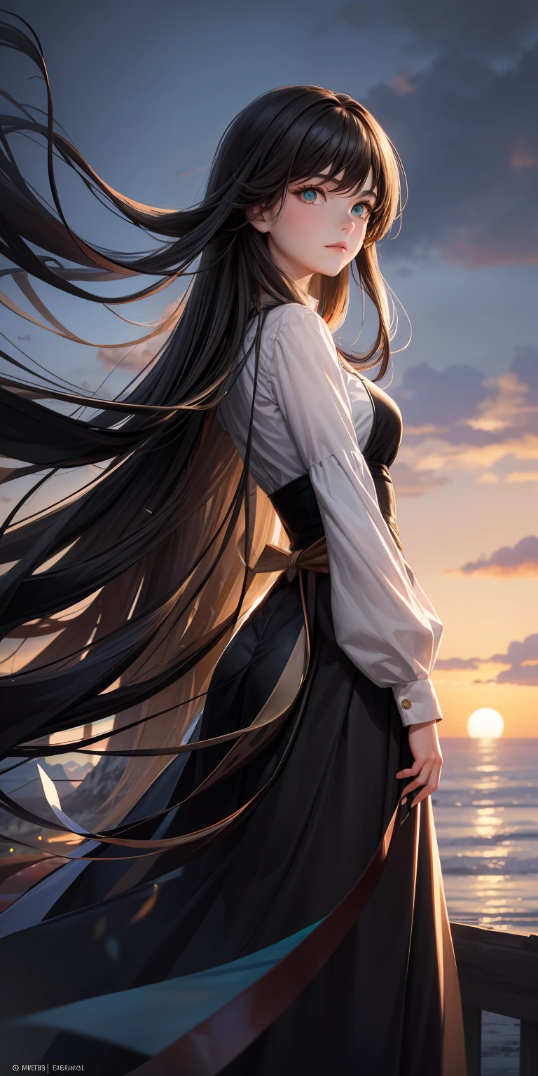 woman with long, flowing black hair and hypnotic turquoise eyes, standing on a mountaintop at sunset, looking out towards the horizon with gratitude and hope in her heart.