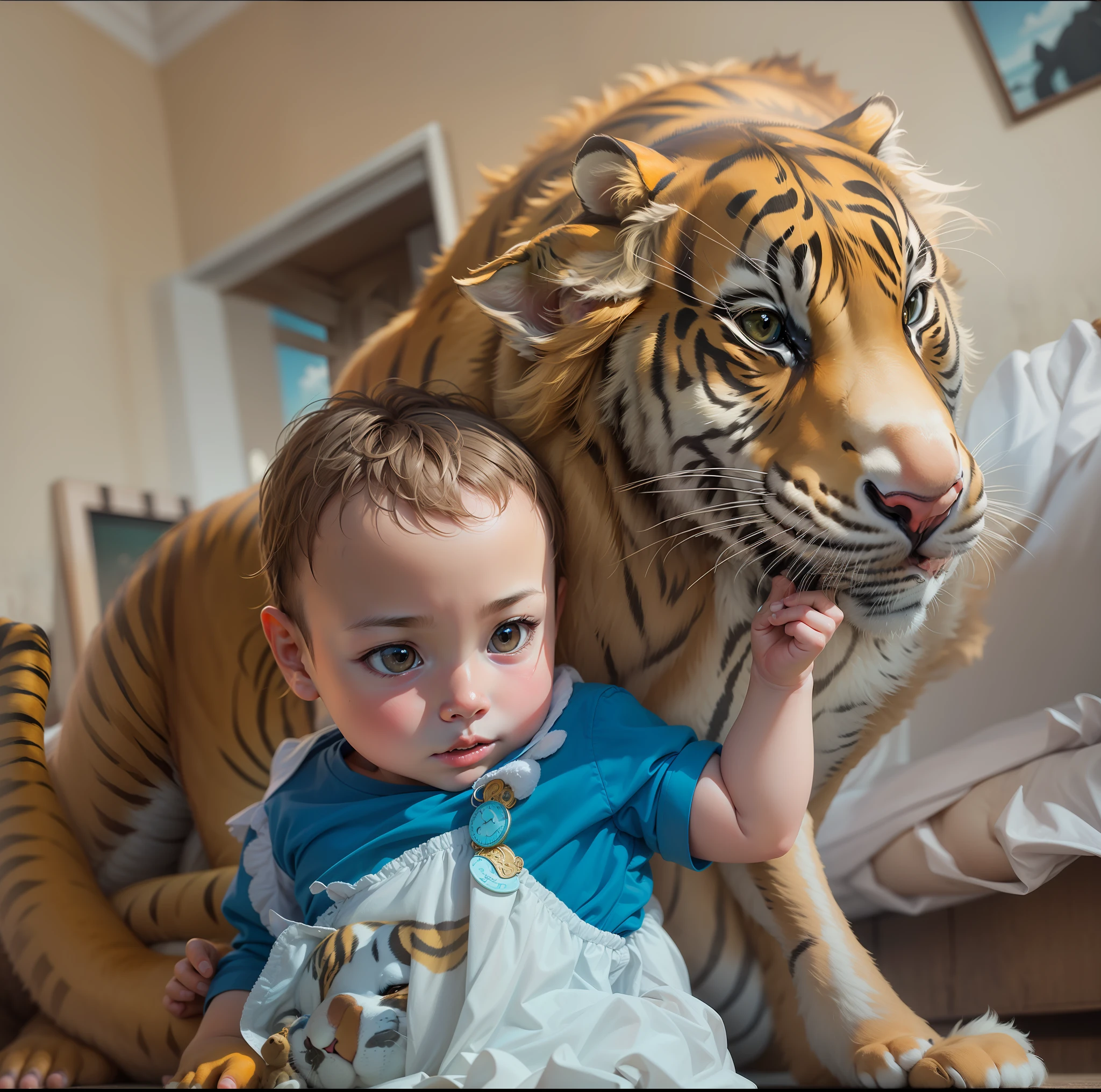 A  boy, with his tiger with golden and black hair. Maintain characteristics of the babyace from the photo. Use creativity with the scenery