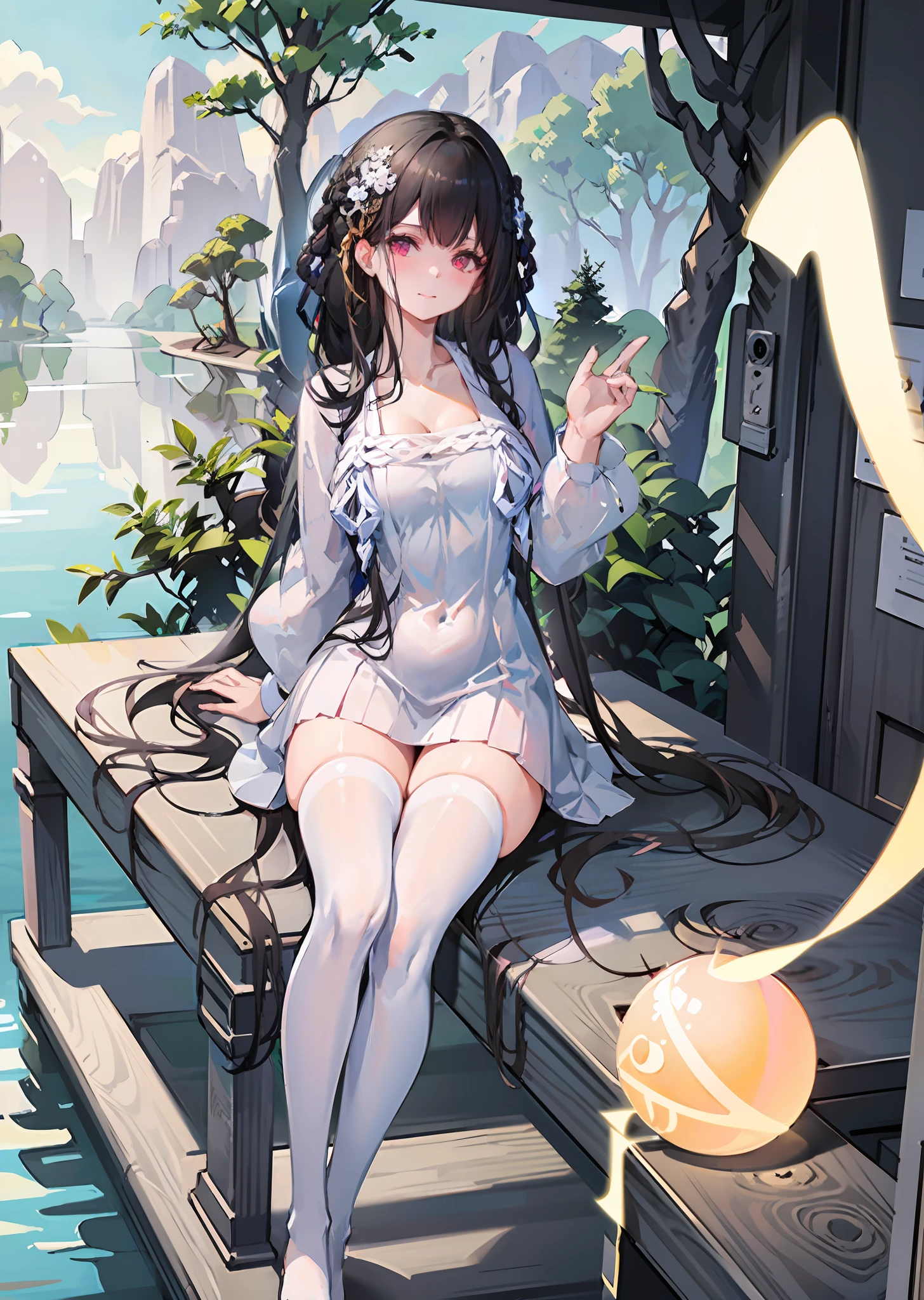 best quality,masterpiece,illustration,an extremely deciple and beautiful,extremely detailed,CG,unity,8k wallpaper,Amazing,finely detail,master,best quality,official art, extremely detailed CG unity 8k wallpaper, ridiculous, incredibly ridiculous, huge file size, super detailed, high resolution, very detailed, pretty detailed girl, very detailed eyes and face, beautiful detailed eyes, light on face, (Hanfu: 1.1), 1girl, full body, full body In a beautiful pavilion, a girl with black hair and white dress, white knee-length stockings sitting on a stone bench, looking at the blue sky and white clouds in the sky. A gentle breeze ruffled her hair. The water splashed from the waterfall behind him, wetting the skirt. The sun shone on her, and she smiled, wet