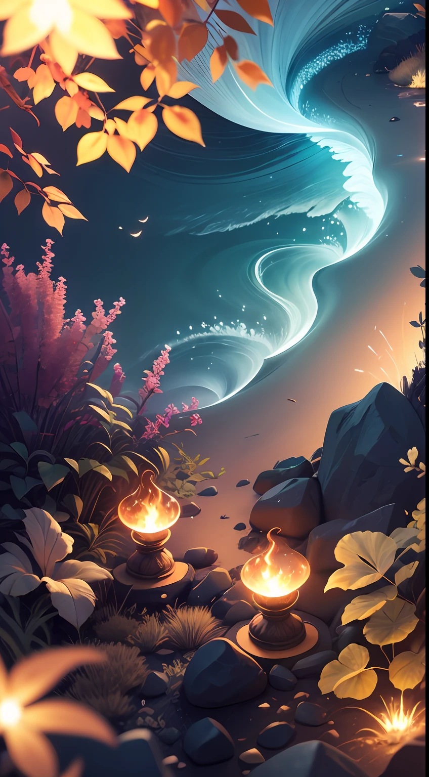 Masterpiece, best quality, (very detailed CG unified 8k wallpaper), (best quality), (best illustration), (best shadow), glowing critters, natural elements in sea theme. mysterious sea, beautiful sea, nature, surrounded by flowers, surrounded by fireflies (natural elements), (sea theme), (leaves), (branches), (fireflies), (particle effects) and other 3D, Octane rendering, ray tracing, super detailed --auto