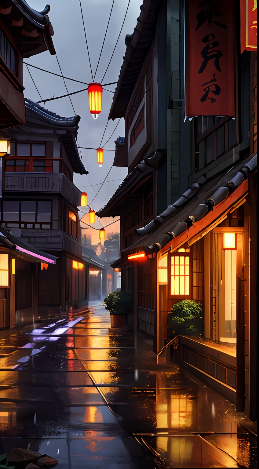 aerial view of a village with many lights in the buildings, dream city, italian village, amazing wallpaper, japanese city, japanese village, hyper realistic photo of a city, old asian village, japanese city, by raymond han, rainy night, cyberpunk ancient chinese castle, beautifully lit buildings, at night during rain, beautiful and aesthetic, photography, cinematic, 8k, high detailed ((Heavy rain))) --auto