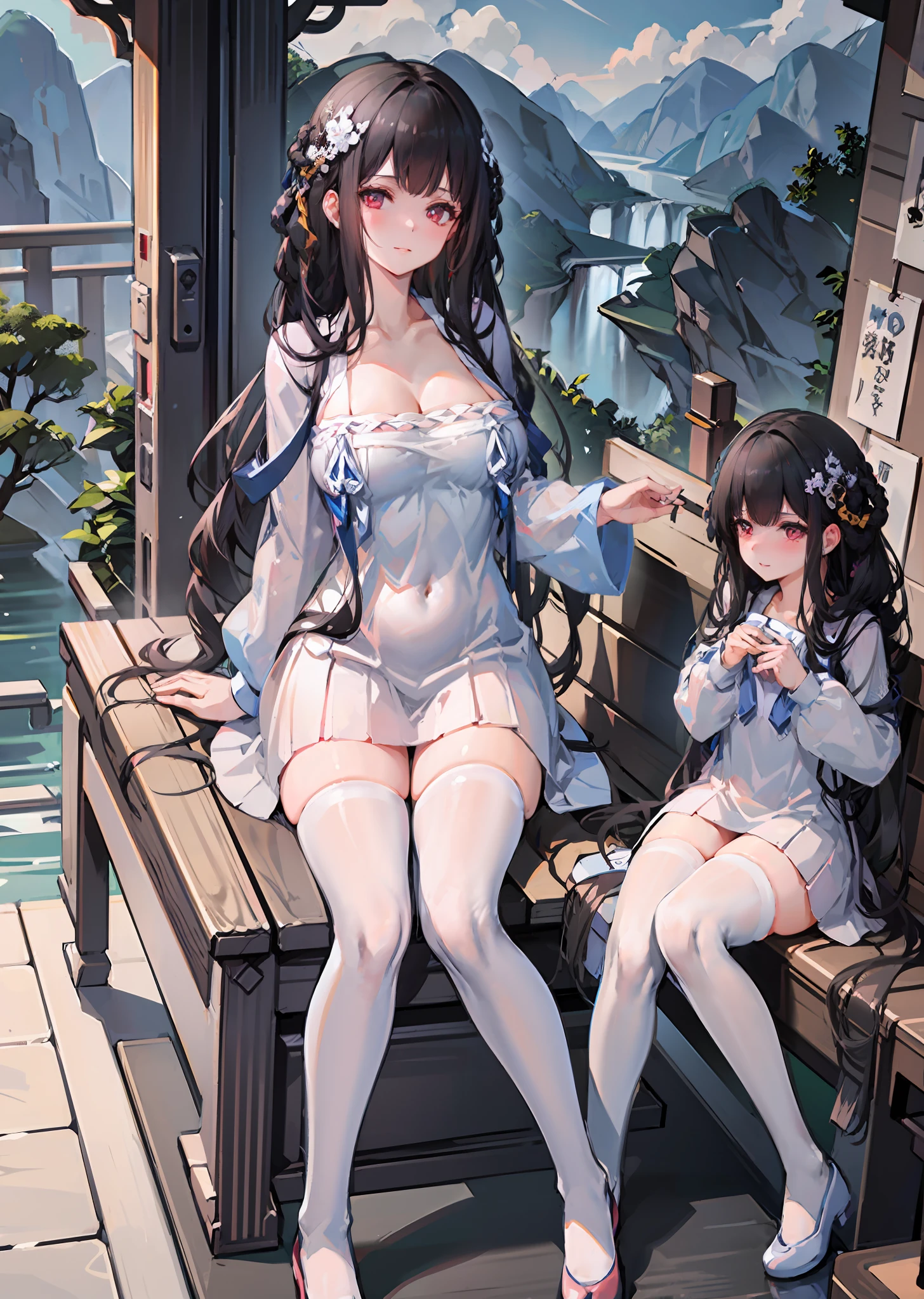 best quality,masterpiece,illustration,an extremely deciple and beautiful,extremely detailed,CG,unity,8k wallpaper,Amazing,finely detail,master,best quality,official art, extremely detailed CG unity 8k wallpaper, ridiculous, incredibly ridiculous, huge file size, super detailed, high resolution, very detailed, pretty detailed girl, very detailed eyes and face, beautiful detailed eyes, light on face, (Hanfu: 1.1), 1girl, full body, full body In a beautiful pavilion, a girl with black hair and white dress, white knee-length stockings sitting on a stone bench, looking at the blue sky and white clouds in the sky. A gentle breeze ruffled her hair. The water splashed from the waterfall behind him, wetting the skirt. The sun shone on her, and she smiled, wet