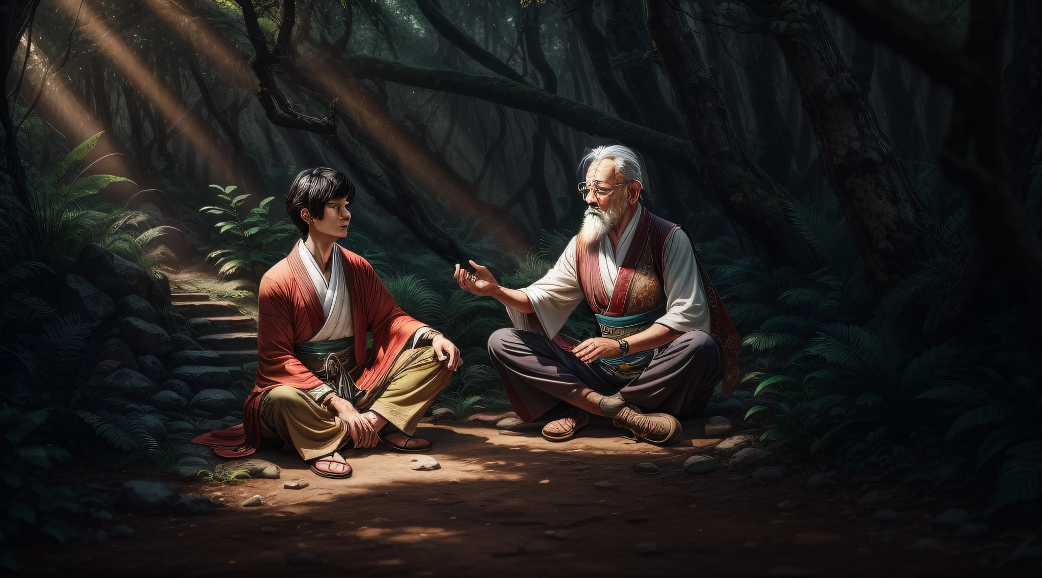 bring this scene to life with oriental Zen flair in the overall aesthetic: A young explorer boy with black hair and a wise old man with white hair and beard talking in the forest, ultra detailed, perfect skin and hands