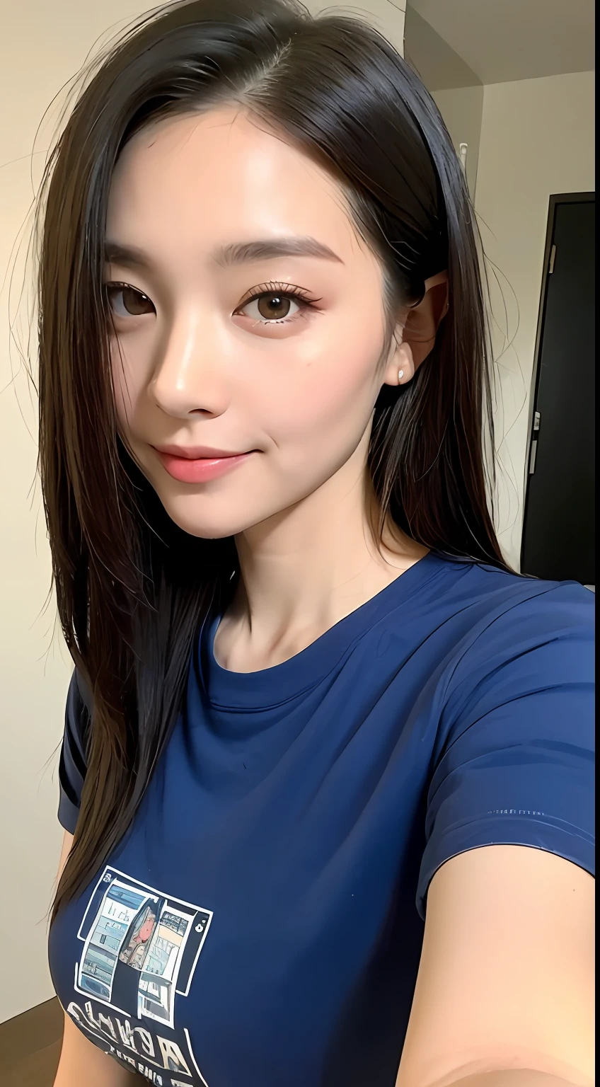 ((top quality, 8k, masterpiece: 1.3)), 40-year-old woman, beauty with accentuated slim abs: 1.3, (casual hairstyle, big: 1.2), casual wear: 1.2, interior, t-shirt, super detail face, delicate eyes, double eyelids, soft breasts, smile,