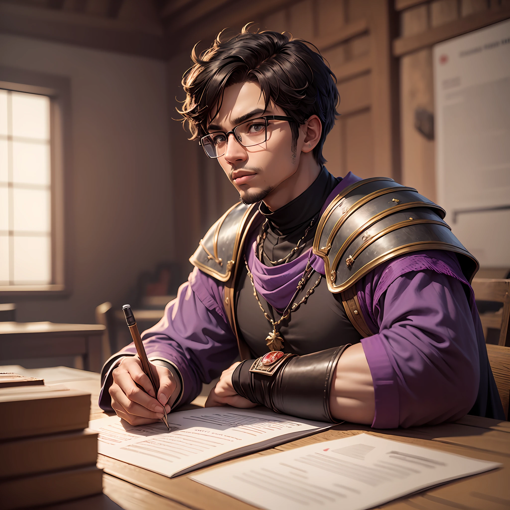 I root for a smart, black-skinned, short-haired male character who wears glasses with posture wearing a purple diplomatic outfit with a pink emblazoned on his chest, brown eyes., background of a medieval meeting room, RPG style, medieval, tabletop RPG, dungeos and dragons, 8k, Hdr, character --auto