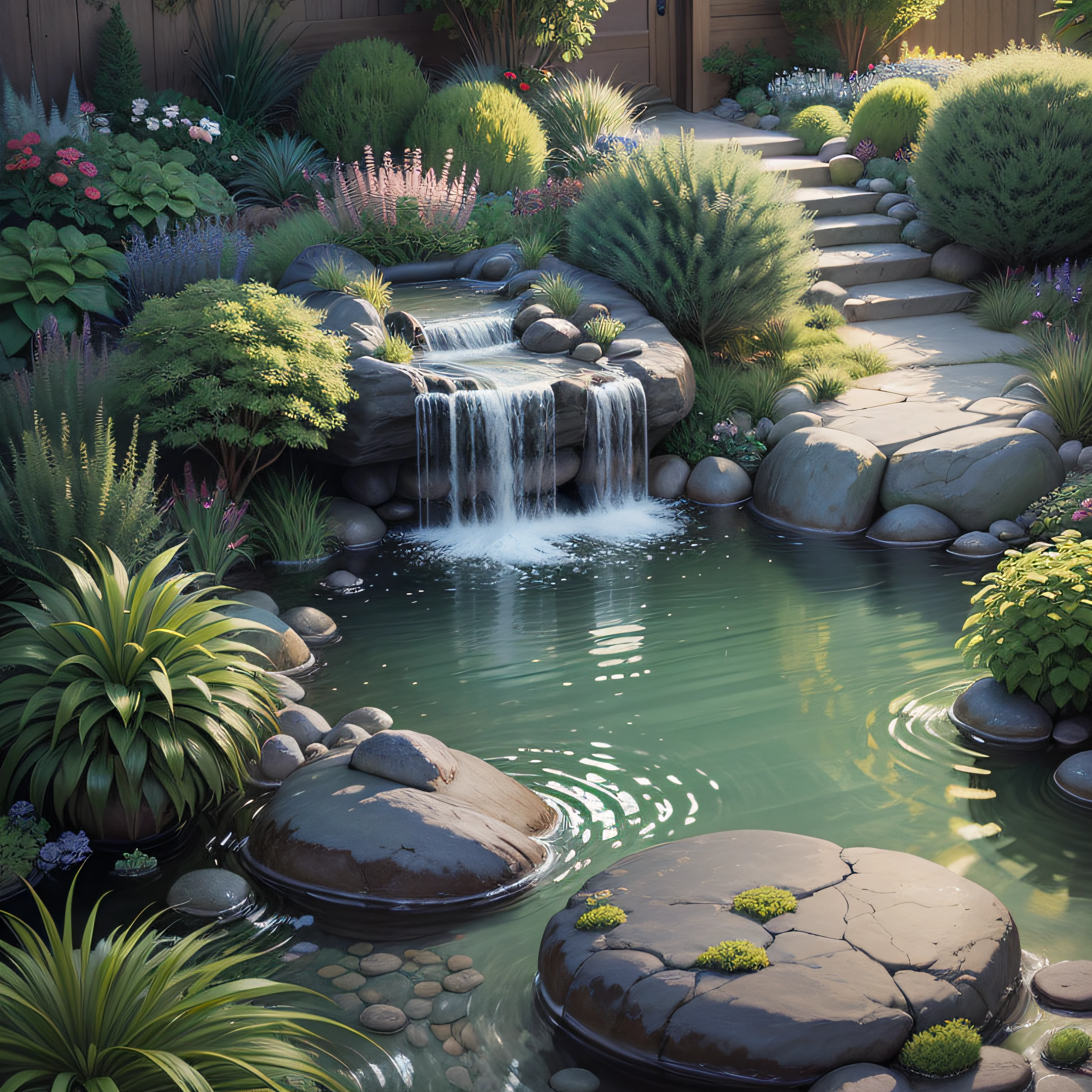 Micro landscape, rockery flowing water, pool, plant landscaping