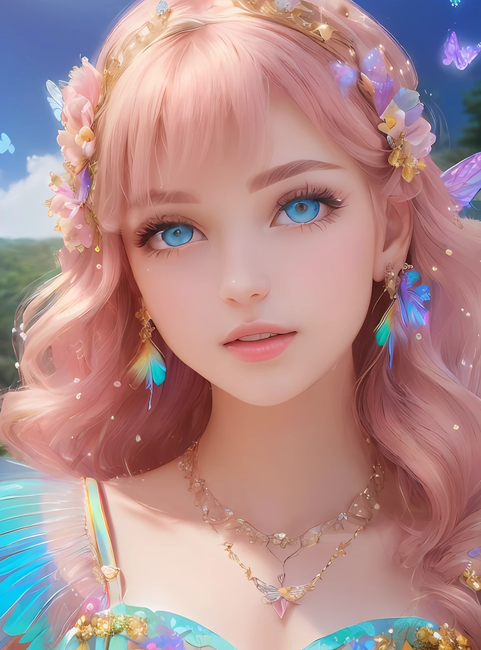 masterpiece, (((best quality))), highly detail eyes, (perfect eyes), beautiful eyes, both eyes are the same, smooth, perfect face, extremely detailed 8K, high resolution, ultra quality, glare, Iridescent, Global illumination, real hair movement, realistic light, realistic shadow, perfect quality, detailed shadow and light, pixar, ((FANTASY)), ((MAGIC)), (sakimichan), ((cinematic light)), colorful, hyperdetail, dramatic light, intricate details, best quality, (extremely detailed CG unit 8k wallpaper, masterpiece, best quality, ultradetailed, best shadow), (detailed background: 1.4), (beautiful and detailed face, beautiful detailed eyes), High contrast, (better lighting, extremely delicate and beautiful) beautiful and detailed brightness, 3D, HIPER quality, 2K, 3K, 5K, 6K, 7K, 8K one young girl, ((((SMOOTHNESS, CLEAN IMAGE)))), ((cute eyes))
pink hair, medium hair, green blue eyes, ((( pastel rainbow colorful dress outfit,))) ((BRILLIANT AND STYLISH DRESS PRINCESS OUTFIT whit SPARKLES)) , ((rainbow feathers)), (((flowers,))) field with blue sky, (((lake))), ((wood bridge)), (((flower))) tiara, pearl earrings, shiny necklace, (((perfect eyes,))), (((each of the tree, butterflies flying))) ((fairy wigs)), rapunzel, rainbow