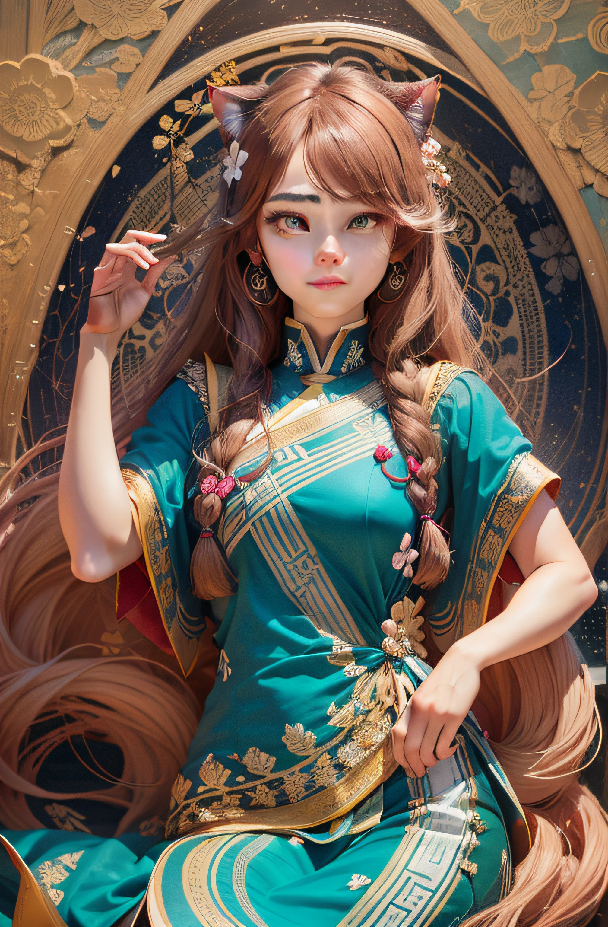 Illustration style, overhead view, dynamic angle, ultra-detailed, close-up shot of a girl with blue eyes, brown hair, and cat ears wearing a pink Miko outfit (1.4) and white stockings. She has bangs, an aura above or behind her head, and is looking at the viewer with a slight smile while showing her bare shoulders. The girl's hands are hidden behind her back while standing upright. She wears a cherry blossom hair accessory ([[0.55]::0.85]) and is surrounded by falling cherry blossoms, flowing water, a beautiful cherry blossom tree, and flying translucent blue butterflies (1.15). The scene is set near a shrine gate with ultra-detailed ruins in the background, an abysmal sea, and a dull blue world tree (1.14). The girl's delicate fingers and hands are emphasized with yubao (0.5). --auto