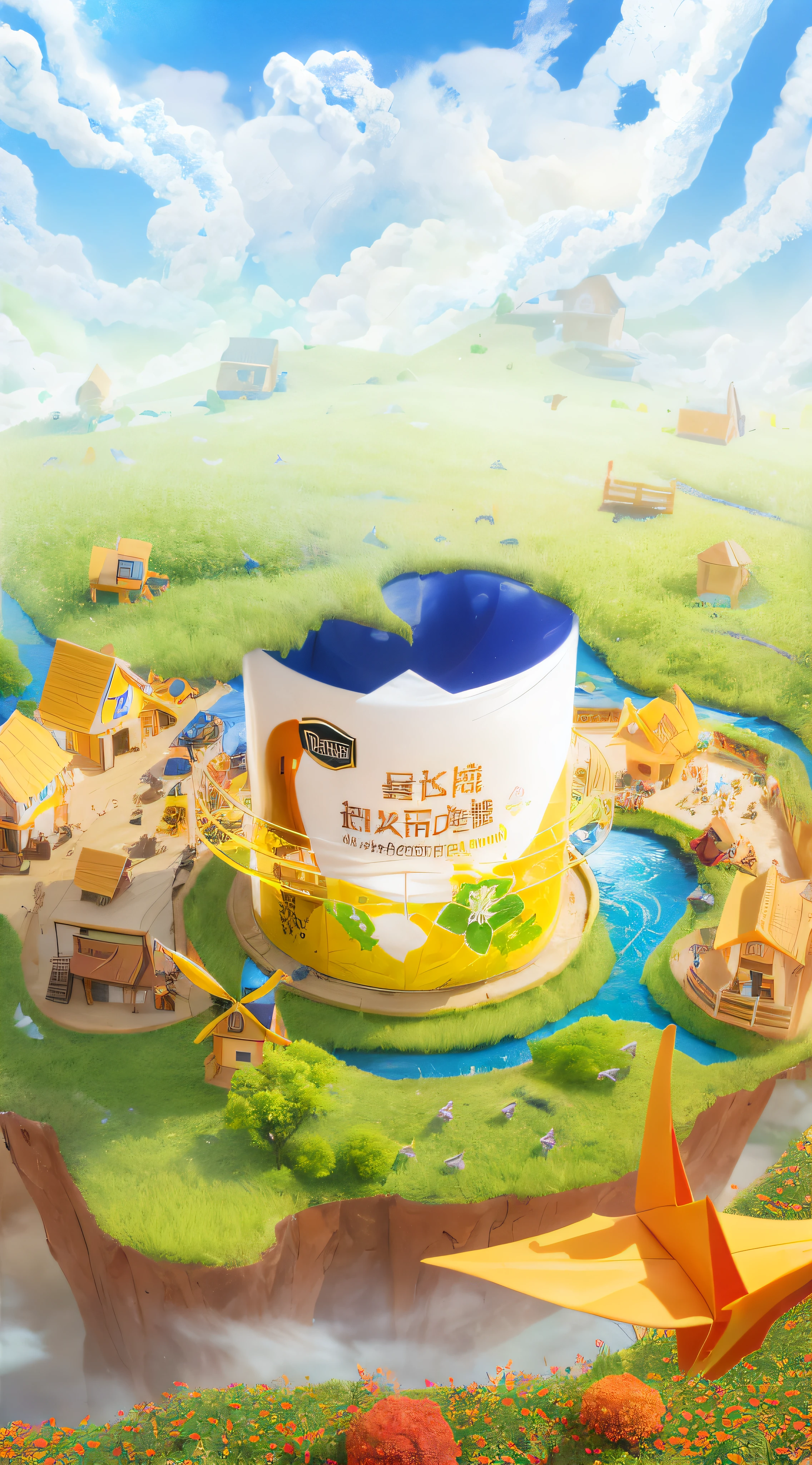 Looking down, the close-up view is a thousand paper cranes, natural flavor and nutrition, grain, nutrition, nature, distant view with meadows, sky blue, clouds, meadows with many shepherd's houses and rivers