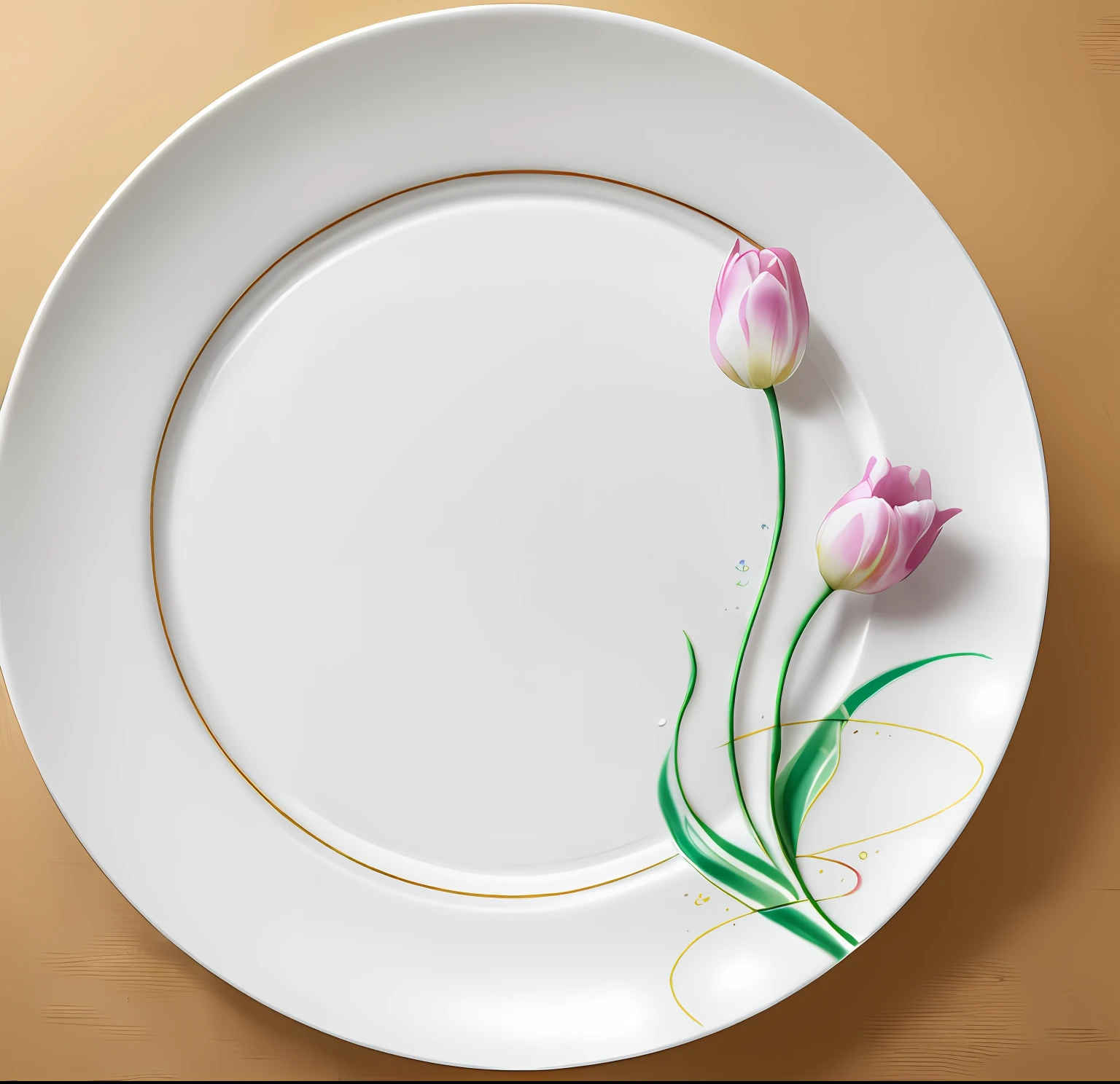 There is a white plate with flower designs, plates, plates, fine porcelain, fine details, (hand painted), details, porcelain, full plates, thin porcelain, plates, ceramics, simple elegant design, botany, decorative arts, e621, magnificent design, tulips, decorative arts, decorative arts, whimsical, art design, art nouveau, rosenthal