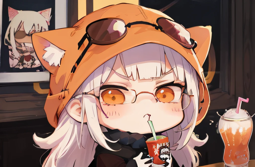 Cartoon girl with sunglasses and drink in her hands, Umaru-chan, Shikamimi, cute anime face, kawaii anime manga style, Nekomimi, cute kawaii girl, ****, ajang high face, kawaii manga style, anime visual of cute girl, anime girl drinking energy drink, ahgao, uma musum, thousand light mountain, white hair