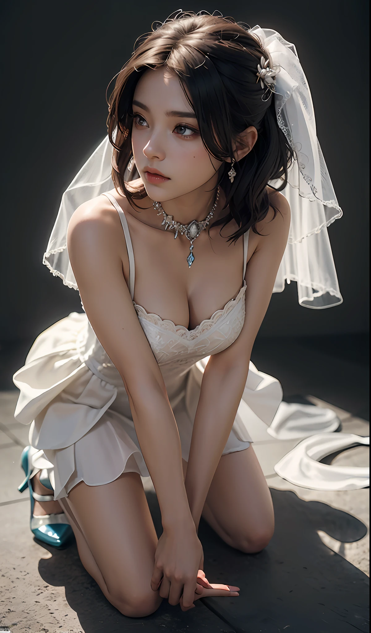 ((Best Quality)), ((Master Masterpiece)), (Details: 1.4), 3D, Beautiful Slave Beauty, Collar, (Wedding Dress: 1.6) (Kneeling: 1.9) (Crystal Shoes: 1.7), Face Close-up, Face Close-up, HDR (High Dynamic Range), Ray Tracing, NVIDIA RTX, Super Resolution, Unreal 5, Subsurface Scattering, PBR Textures, Post Processing, Anisotropic Filtering, Depth of Field, Maximum Sharpness and Clarity, Multi-layer Textures, Albedo and Highlight Maps, Surface Shading, Mitsu-Accurate Simulation Material Interaction, Perfect Scaling, Octane Rendering, Bicolor Light, Large Aperture, Low ISO, White Balance, Rule of Thirds, 8K RAW,