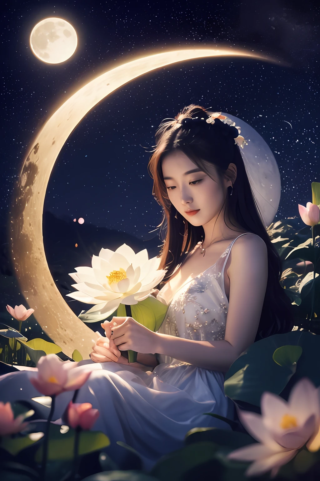 A scene with Chang'e and the Moon Rabbit, Chang'e, (graceful figure), wearing a flowing lunar gown, (gentle moonlight illuminating the surroundings), holding a glowing lotus flower, Moon Rabbit, (adorable and fluffy), sitting beside Chang'e, (moonlit landscape with craters and stars in the background).