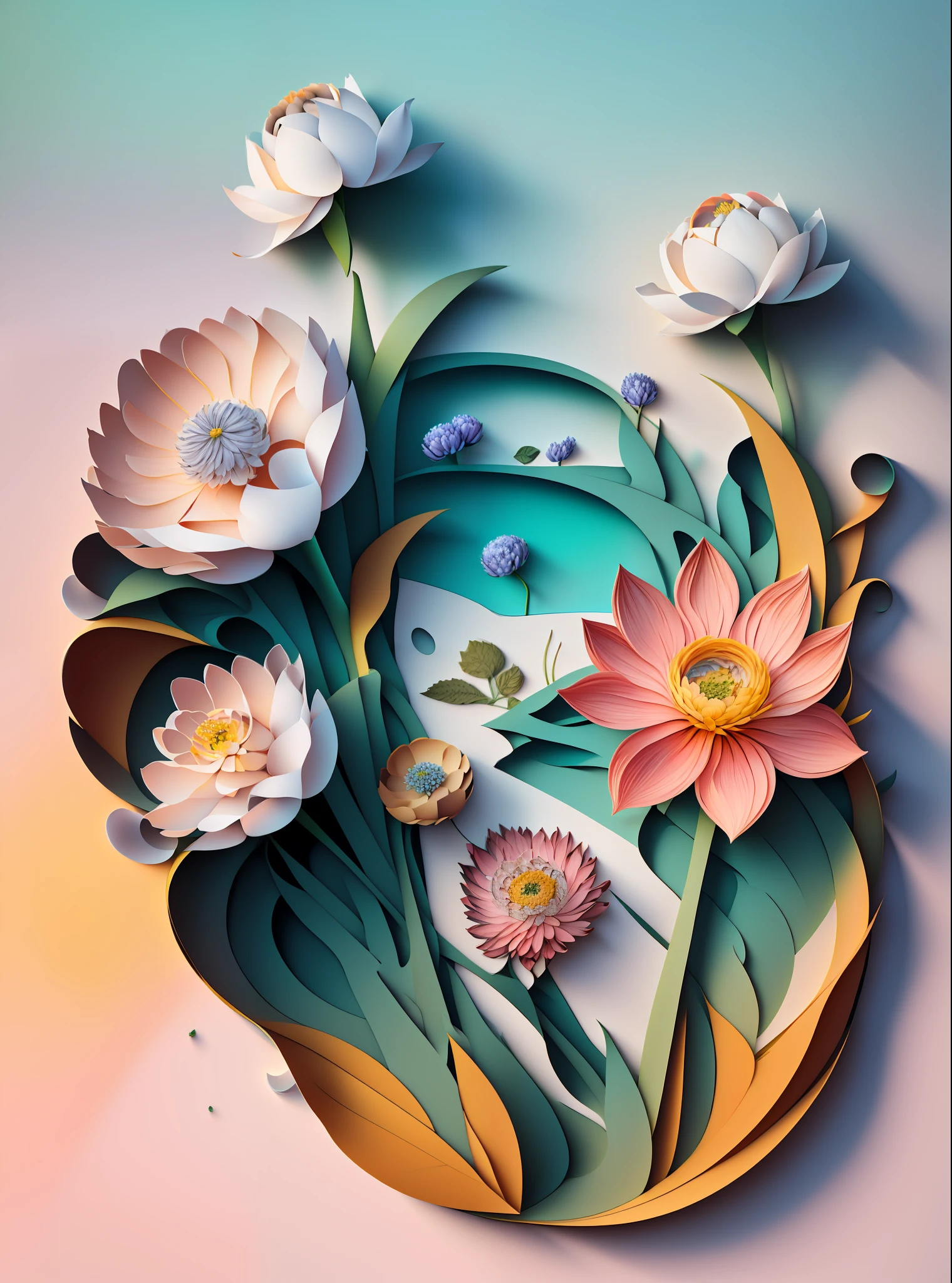 Natural and organic depictions of vast landscapes, sky and steppe, Kelsang flowers in bloom, featuring earth tones and botanical motifs, drawing up connections with nature and the environment, influenced by botanical illustrations or environmental art, Softlight, (warm color: 1.15), best quality exquisite details, 3d rendering, Octane render, pastel, vector style