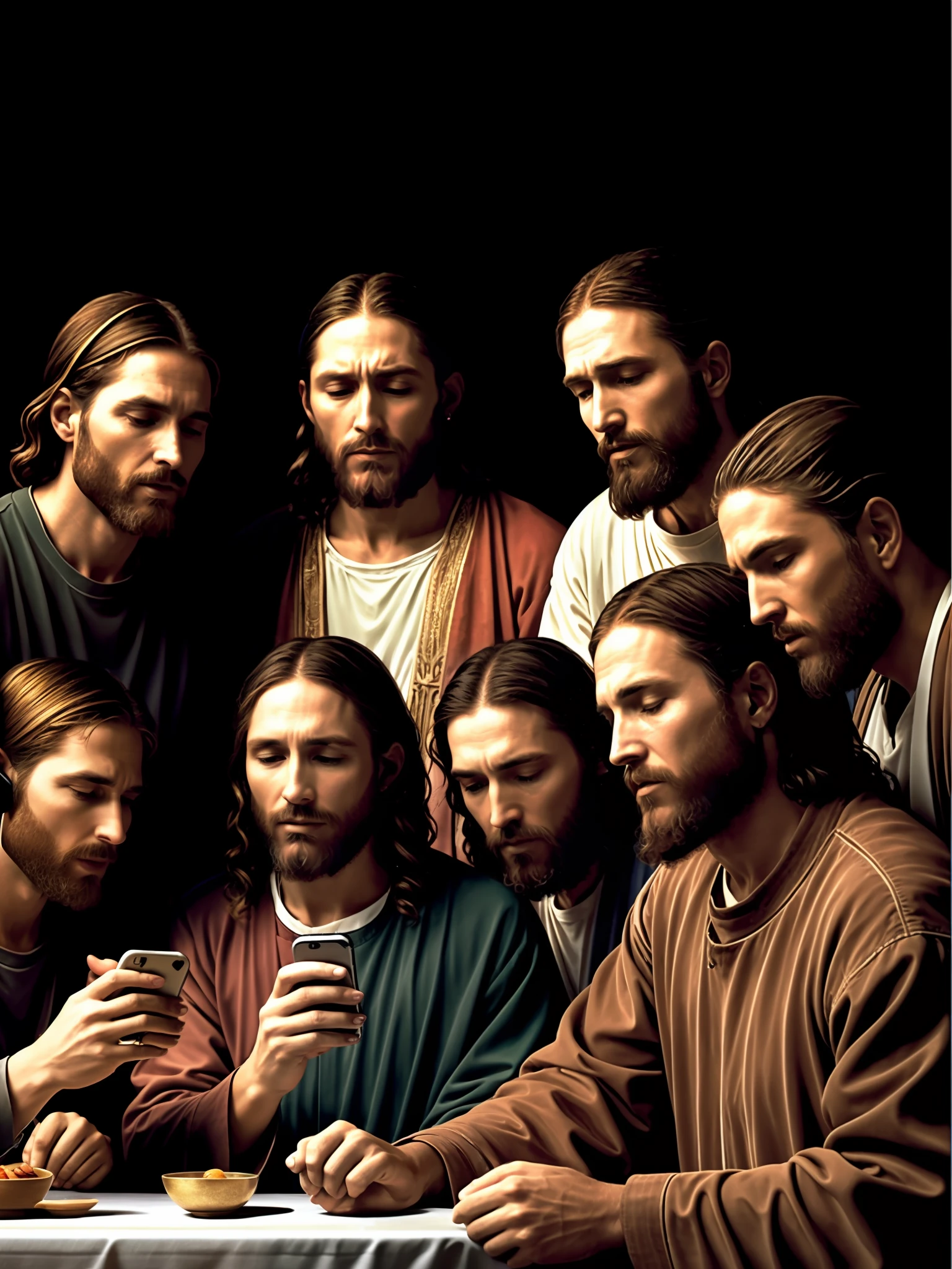 hyper realistic color photo of the last supper, year 1, jesus christ is talking on the phone, the apostles look at their mobile phone and answer write watssap