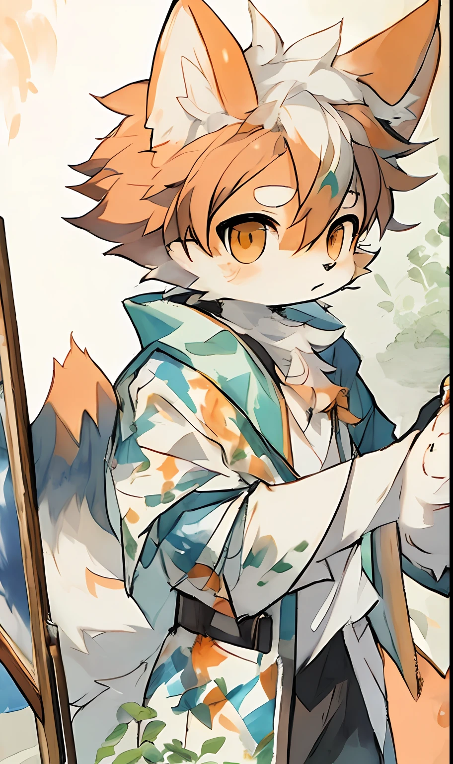 Professional furry painting, an orange and white fox, furry characters, watercolors