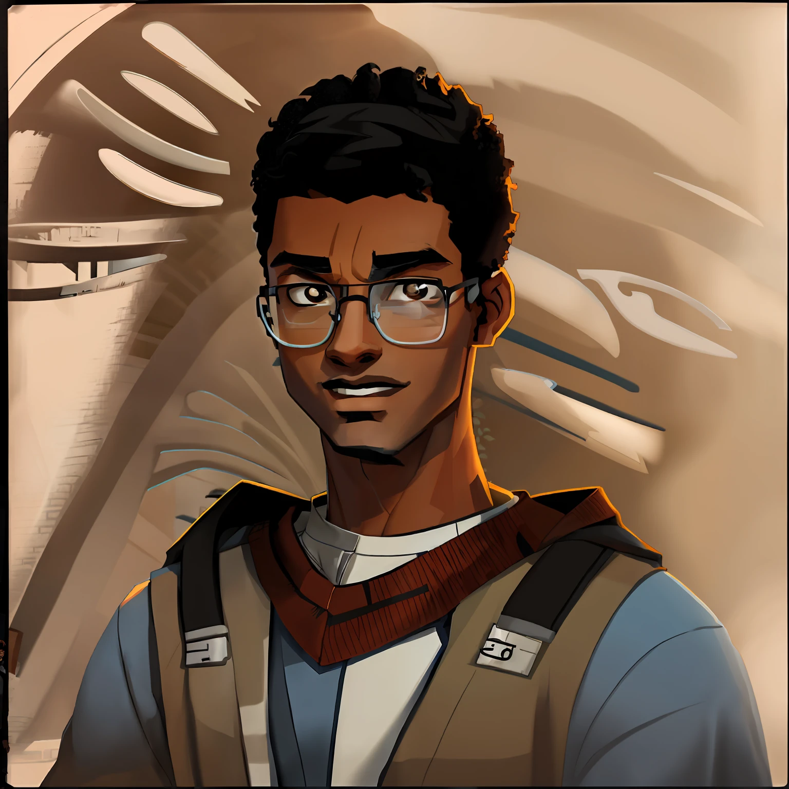 young high school arab boy with glasses, brown skin, dark skin, young high school nerd boy, arabic boy, afro hair, blue coat, weird young arabic nerd teenager, 2d character, 8k, comic book style, young style peter parker black arabic