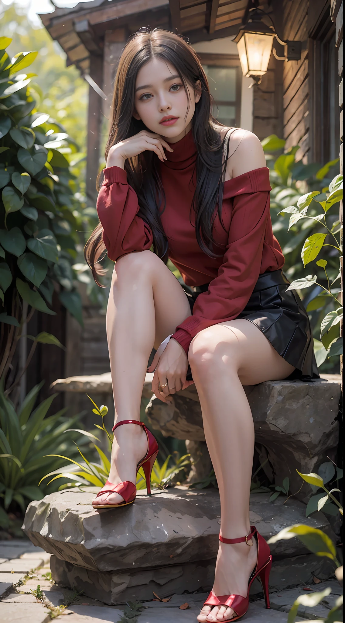 (8k, RAW photos, best quality, Masterpiece: 1.3), (realistic, photo realistic: 1.27), intricate details, (1 16-year-old girl holding a glass of red wine in her hand), sitting, solo, bare shoulder, (summer fashion: 1.4), (red shirt: 1.2), long sleeves, thin skin, long black hair, (perfect body type: 1.4), full body, dynamic pose, delicate eyes, black eyes, (bare legs: 1.8), bare feet, exposed leg skin, (insect eye view: 1.2), (from below: 1.2),
Cool pose,
8k UHD, HDR, extremely refined and beautiful, outside, wooden house, garden, grapefruit, red high heels, (shiny skin), movie lights, turtleneck shirt, short skirt, incredible tights,