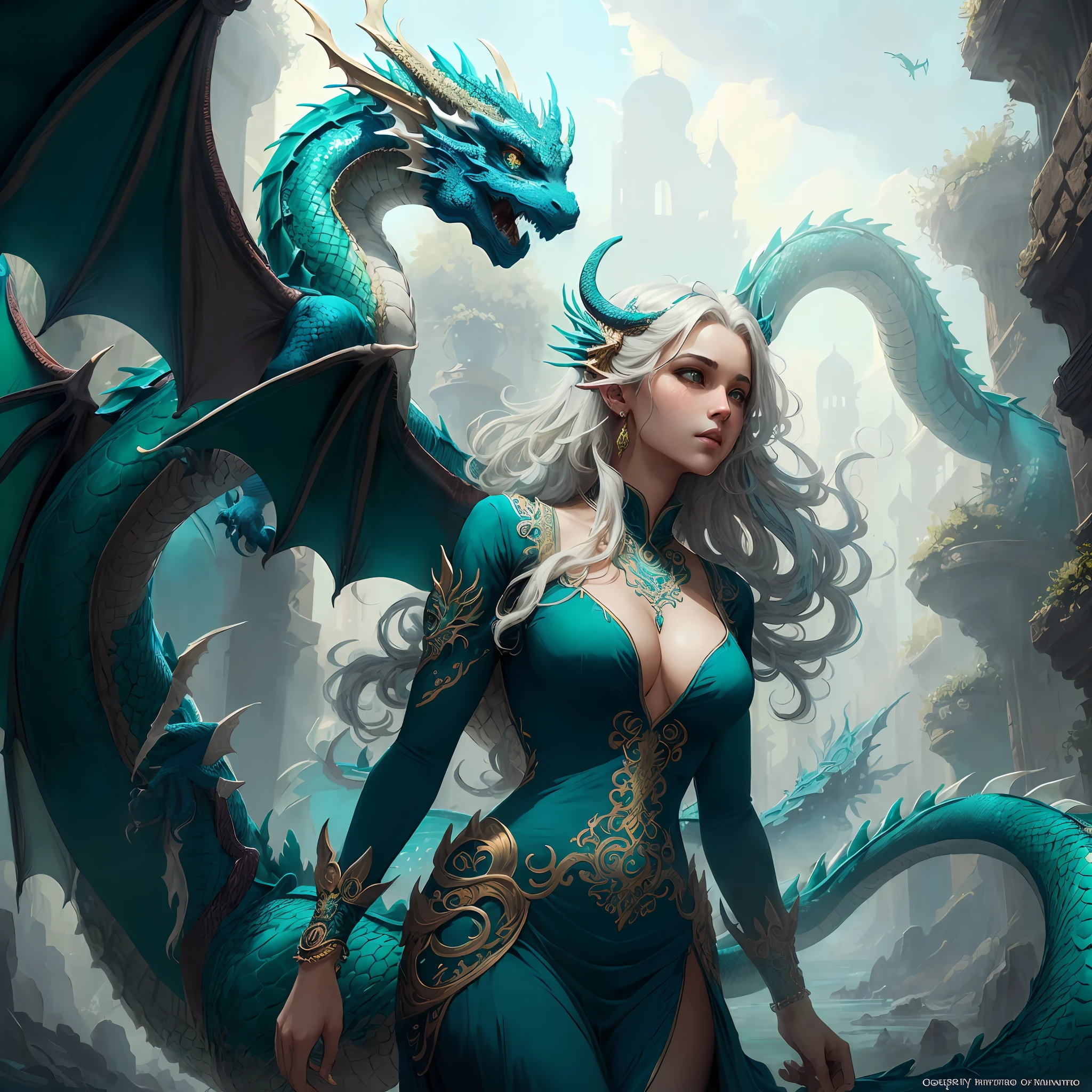 ((beautiful teal dragon woman)) with a (blue-green dress) and (green leaves) with ((white streaks)) ; (intricate detail) ; high-quality ; (ornate motifs) ; (flowing hair) ; centered ; (symmetric face) ; ArtStation ; wlop ; (greg rutkowski) --auto