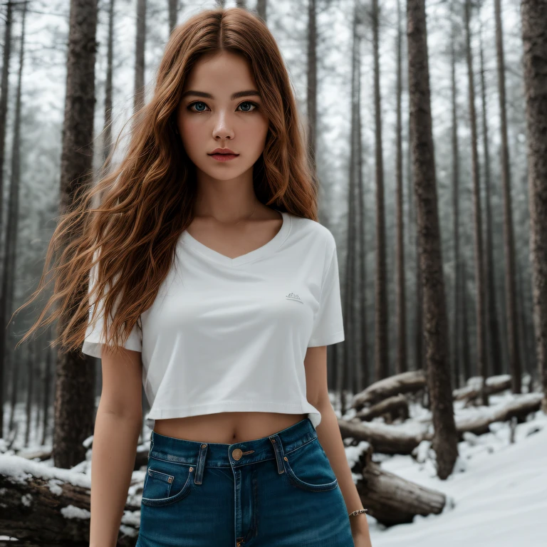 potrait of fullbody a european woman, 1 girl, wearing white clean t-shirt and jean skirt, no font, ginger hair, snow forest, natural skin texture, 24mm, 4k textures, soft cinematic light, RAW photo, photorealism, photorealistic, intricate, elegant, highly detailed, sharp focus, ((((cinematic look)))), soothing tones, insane details, intricate details, hyperdetailed, low contrast, soft cinematic light, dim colors, exposure blend, hdr, faded