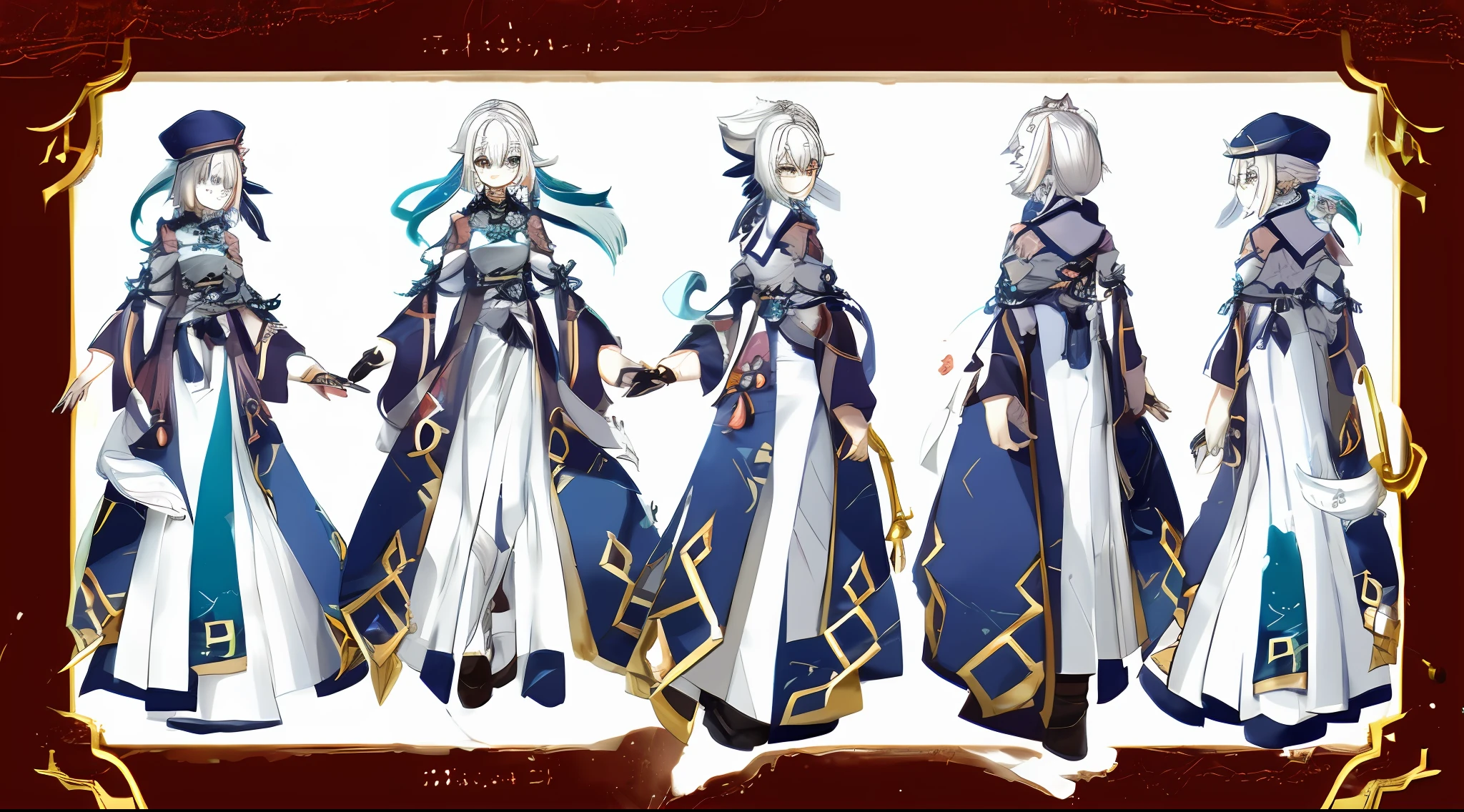 Close-up of a man in a dress and hat, clear costume design, Rune Factory 5 art style, white and teal costume, spirit fantasy concept art, Genshin Impact character, costume design, moon theme costume, original concept art, new costume concept design, luminous concept art, Keqing from Genshin Impact, ((character concept art)) best quality, highly detailed, masterpiece, Ultra-detailed, illustration, character design, white hair, double ponytail, blue skirt, chinoiserie