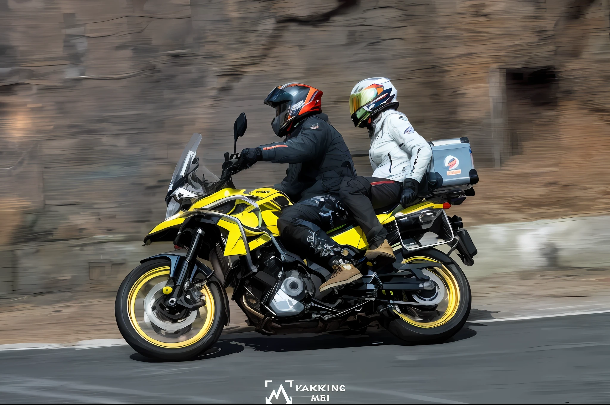 there are two people riding on a motorcycle on the street, touring, riding on the road, panning shot, sitting on cyberpunk motorbike, riding steampunk motorcycle, 85mm lens”, riding in the town of doom, by Yang J, by Liang Kai, yellow lighting from right, taken in 2 0 2 0, dramatic lighting !n-9
