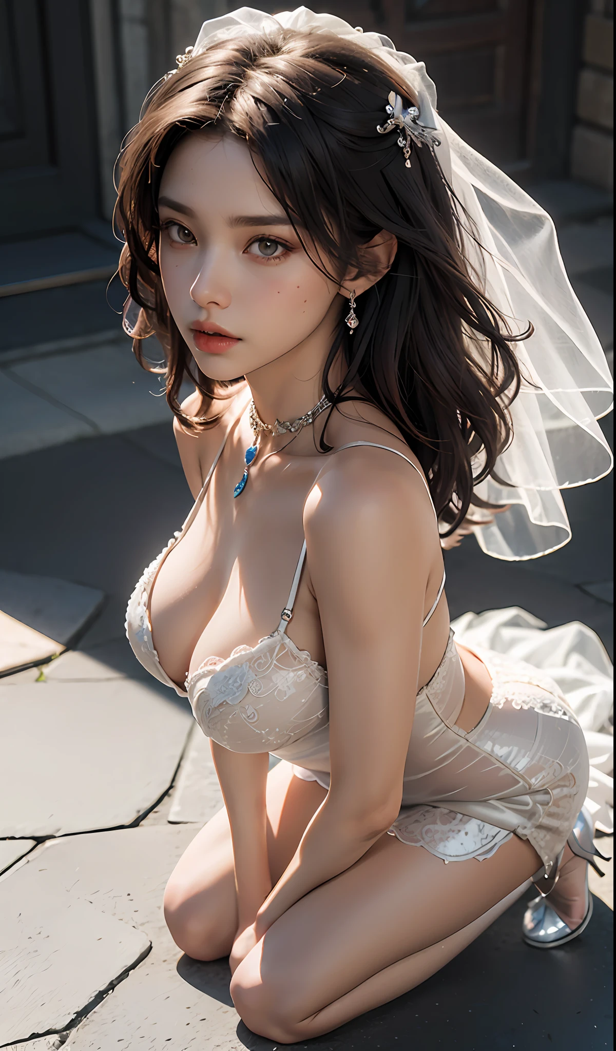 ((Best Quality)), ((Master Masterpiece)), (Details: 1.4), 3D, Beautiful Slave Beauty, Collar, (Wedding Dress: 1.6) (Kneeling: 1.9) (Crystal Shoes: 1.7), Face Close-up, Face Close-up, HDR (High Dynamic Range), Ray Tracing, NVIDIA RTX, Super Resolution, Unreal 5, Subsurface Scattering, PBR Textures, Post Processing, Anisotropic Filtering, Depth of Field, Maximum Sharpness and Clarity, Multi-layer Textures, Albedo and Highlight Maps, Surface Shading, Mitsu-Accurate Simulation Material Interaction, Perfect Scaling, Octane Rendering, Bicolor Light, Large Aperture, Low ISO, White Balance, Rule of Thirds, 8K RAW,