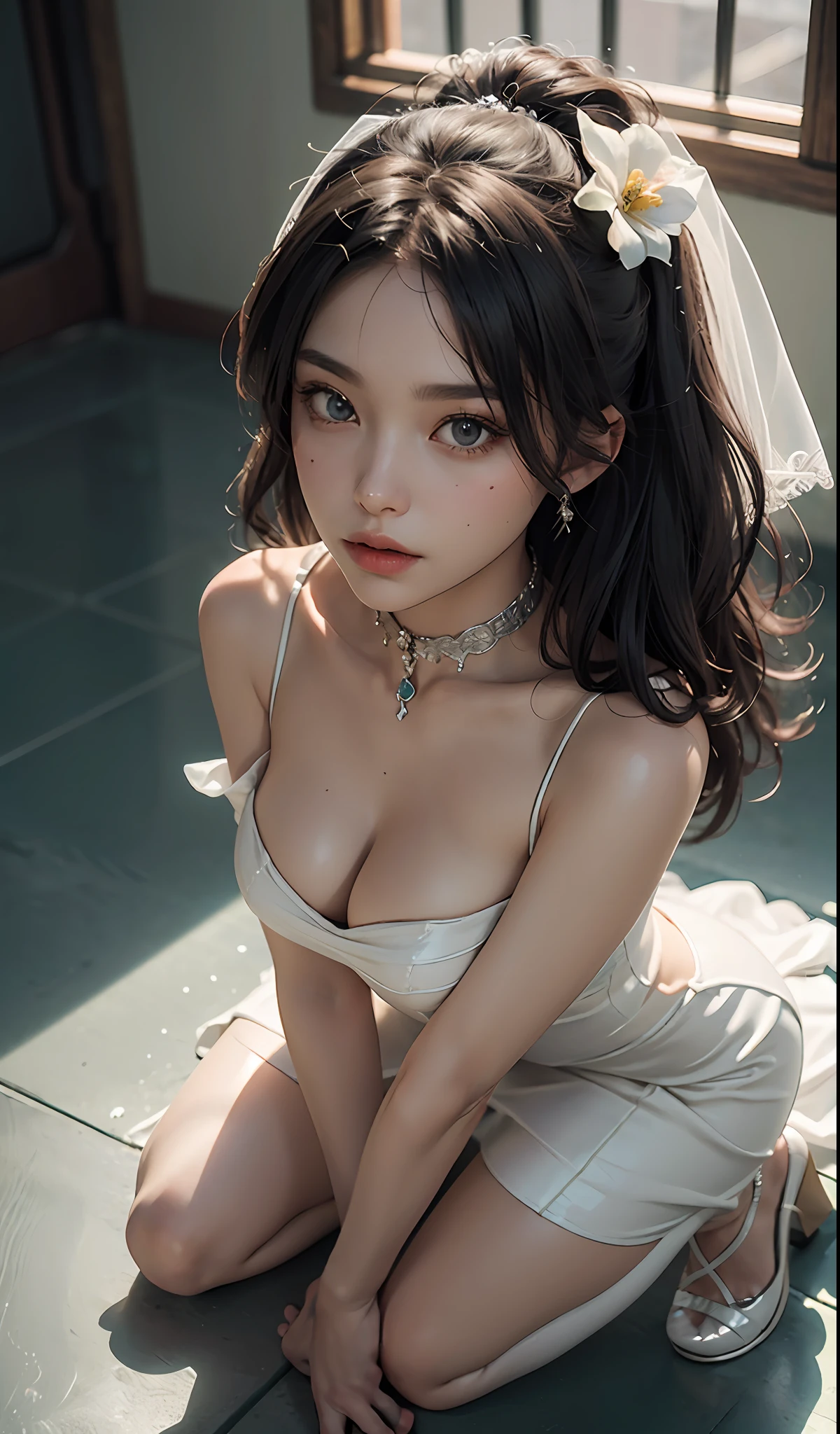 ((Best Quality)), ((Master Masterpiece)), (Details: 1.4), 3D, Beautiful Slave Beauty, Collar, (Wedding Dress: 1.6) (Kneeling: 1.9) (Crystal Shoes: 1.7), Face Close-up, Face Close-up, HDR (High Dynamic Range), Ray Tracing, NVIDIA RTX, Super Resolution, Unreal 5, Subsurface Scattering, PBR Textures, Post Processing, Anisotropic Filtering, Depth of Field, Maximum Sharpness and Clarity, Multi-layer Textures, Albedo and Highlight Maps, Surface Shading, Mitsu-Accurate Simulation Material Interaction, Perfect Scaling, Octane Rendering, Bicolor Light, Large Aperture, Low ISO, White Balance, Rule of Thirds, 8K RAW,