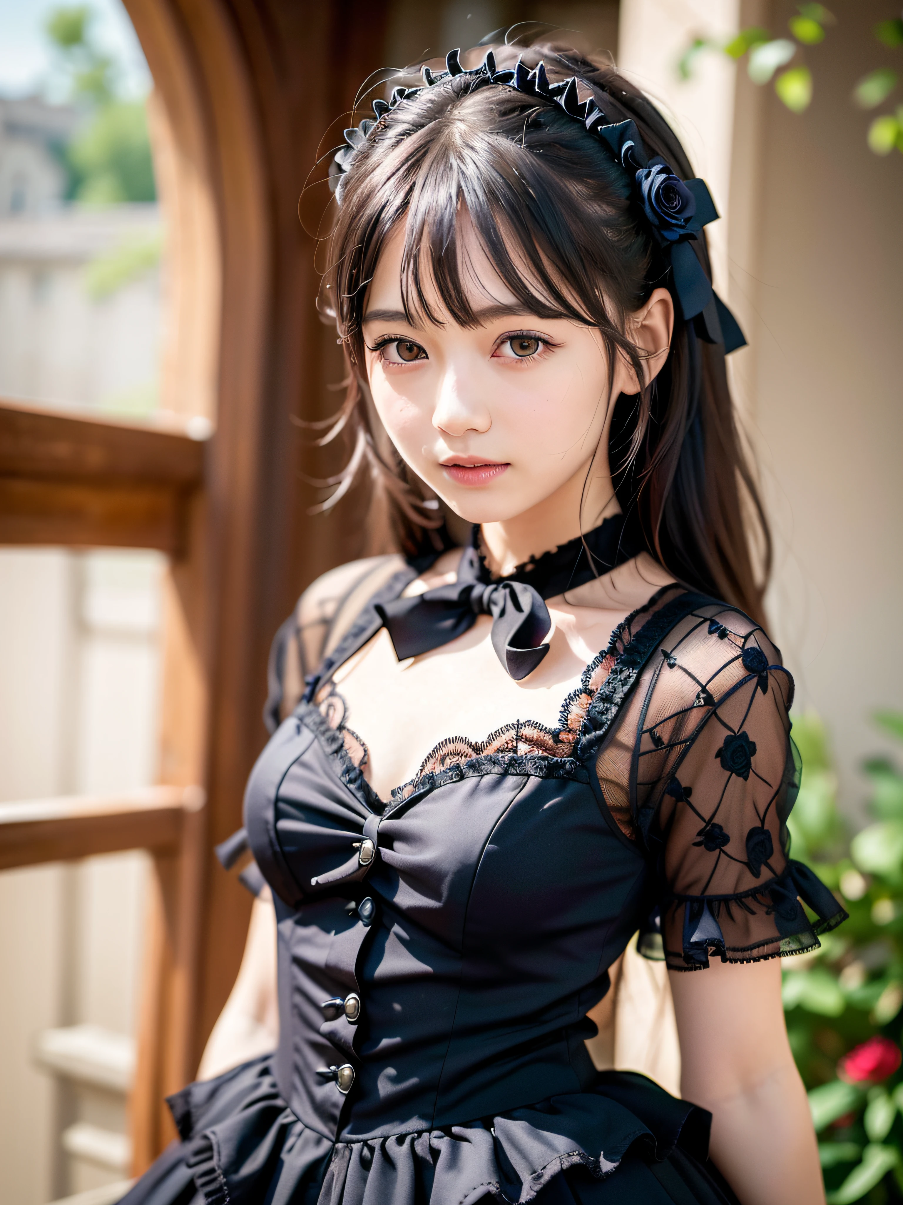 (realistic, photo-realistic:1.37), incredibly absurdres, (insanely detailed:1.3), 8k, (masterpiece), (best quality:1.4), (ultra high res:1.2), (RAW photo:1.2), ultra detailed background, (unity 8k wallpaper), 1 nogizaka girl, (utterly cute), bishojo, (15yo), (gothic lolita fashion), an exquisitely detailed and beautiful face and eyes and skin, detailed black shine hair, elegant frills, frilled tie, ribbon tie, rose hair accessory, a dress with delicate lace, soft fabric, and a beautiful rose pattern, smile at the camera, full body, castles scenery in europe, professional lighting