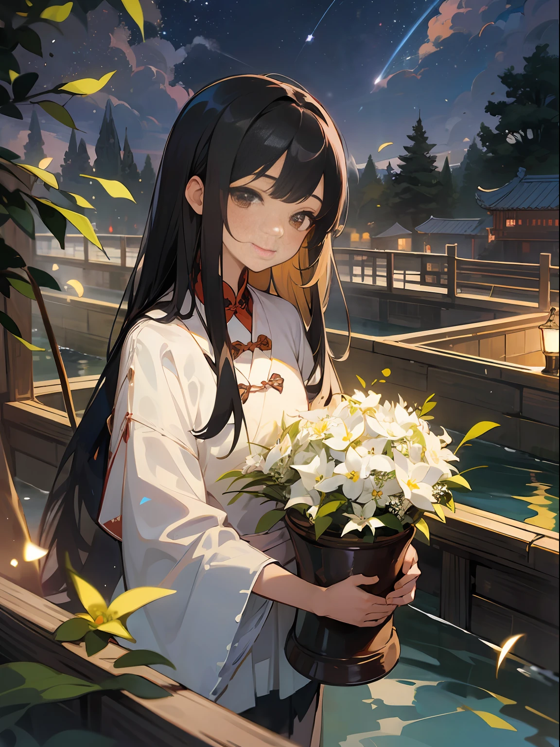 Masterpiece, best quality, poster design, a bouquet of osmanthus flowers, youth, long black hair, smile, a pot of fine wine, a small boat, a small river, fireflies, night starry sky, Chinese style