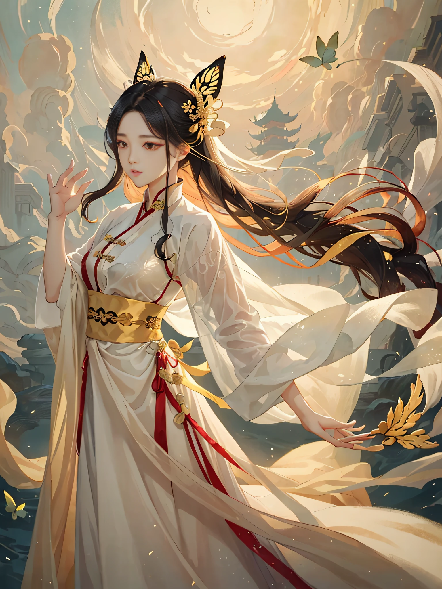 Chinese style girl in white dress with fluorescent butterfly background, flowing hair and robe, palace, a Hanfu girl, beautiful character painting, white Hanfu, flowing white robe, flowing magic robe, Guwiz style artwork, Li Song, Chen Lin, beautiful artwork illustration, Guviz, Fan Qi, masterpiece, top quality