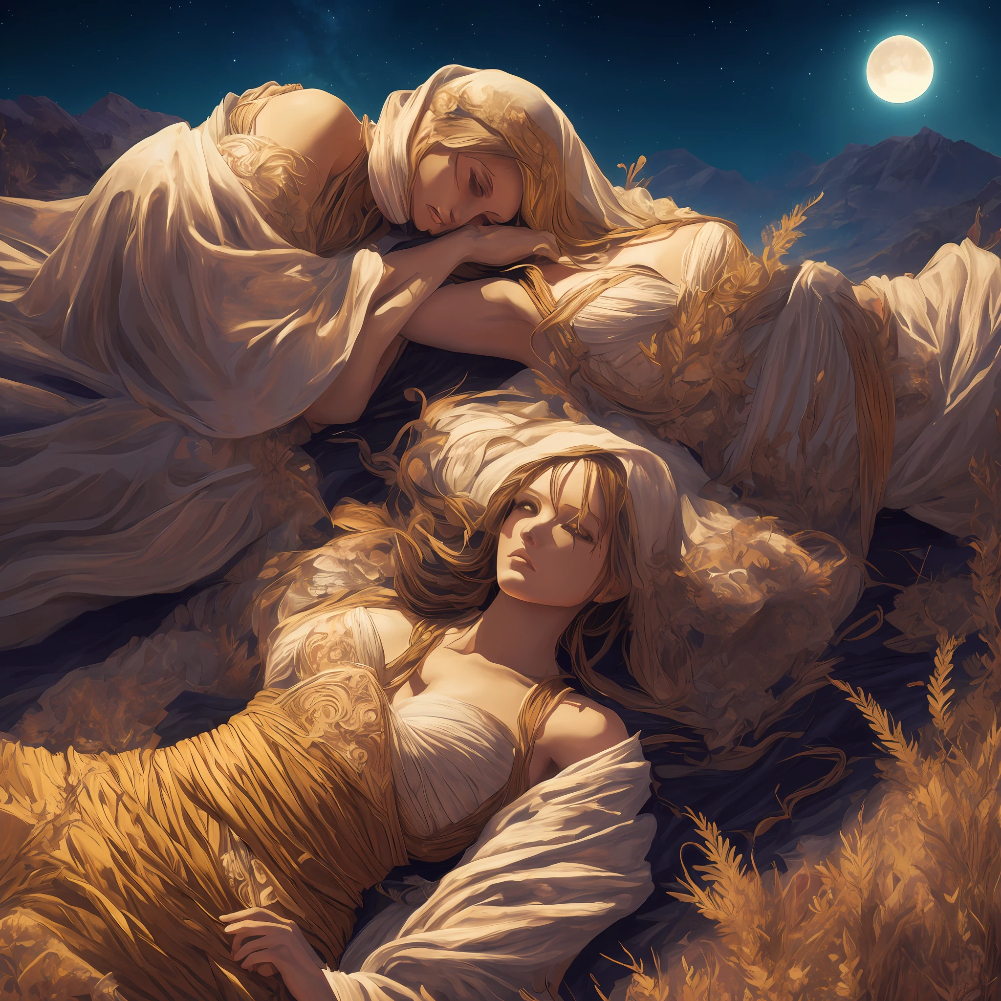Beautiful woman naruto slender mummy wrapped in loose transparent white linen, long blonde hair, fantasy desert sands compositions, hourglass figure, ultra detailed artistic photography, midnight aura, 

night sky, 

dreamy, 

glowing, 


glamour, 

glimmer, 

shadows, 

oil on canvas, 

brush strokes, 

smooth, 

ultra high definition, 

8k, 

unreal engine 5, 

ultra sharp focus, 

art by artgerm, loish, 

sf, 

intricate artwork masterpiece, 

ominous, 

matte painting movie poster --auto