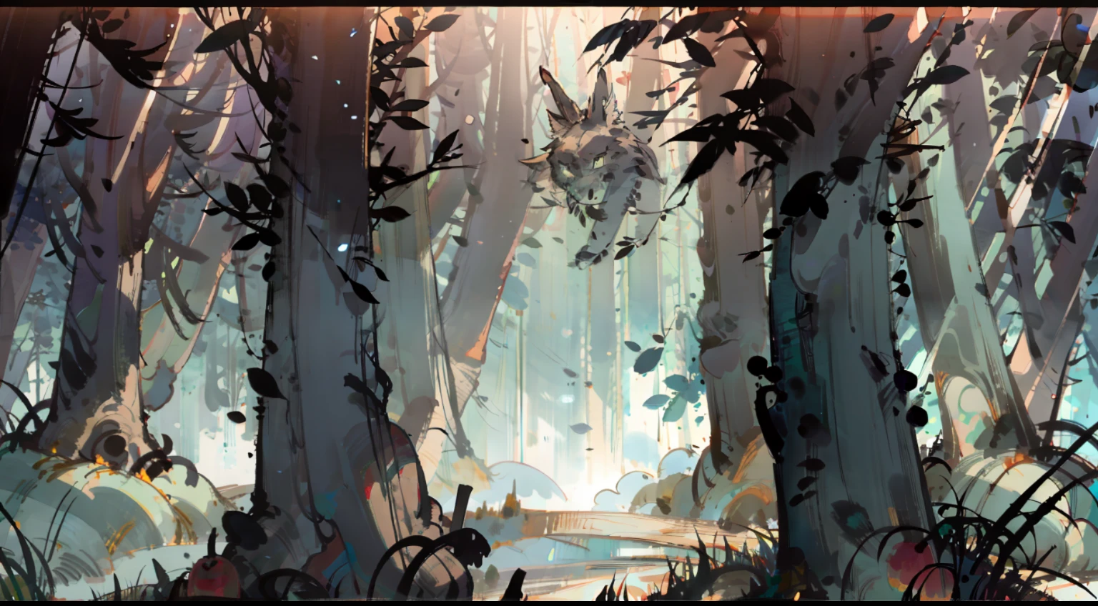 apple, forest ::-1 big bad wolf, wood ::2 unreal engine, cinematic lighting, UHD, super detail