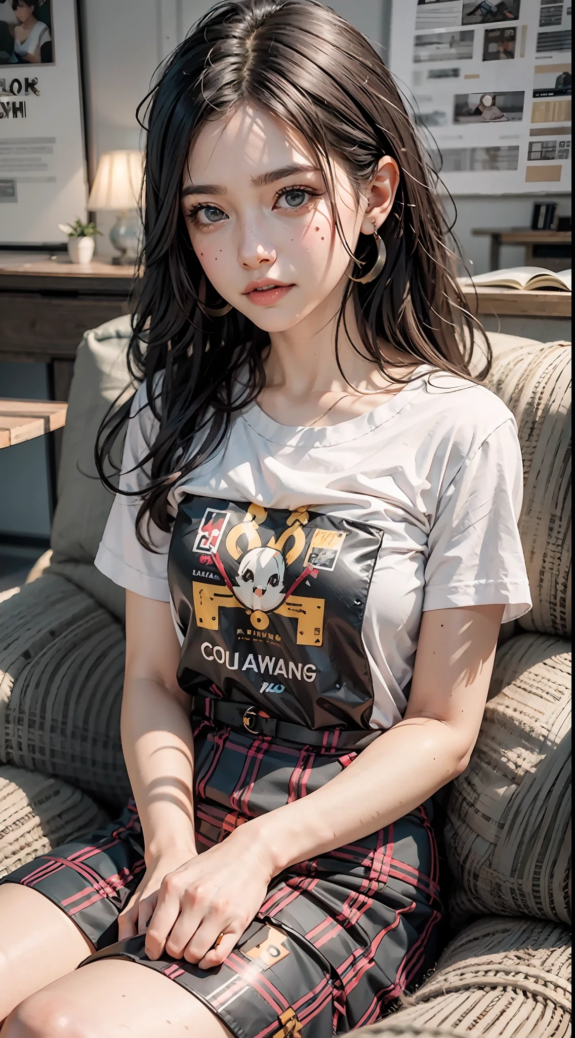 [25-year-old female],[face: round], [eyes: almond eye shape, brown color, thick and curved eyebrow shape], [Nose: Sticky shape, small hole], [Mouth: thick lip shape, Neat teeth], [Chin: Tyre chin shape, Sunken chin], [Hair: Long hairstyle, black color,], [Ears: Small ear shape], [skin: white skin color, Smooth skin texture], [Facial expression: smile], [Activity: Sitting on the sofa in the living room], [Top clothes: T-shirt, all red color, plaid pattern, delicate texture, casual wear style, folded clothing design, well-maintained clothing condition] Professional photograph of a stunning woman detailed, cinematic lightning, octane render, unreal engine, volumetrics dtx