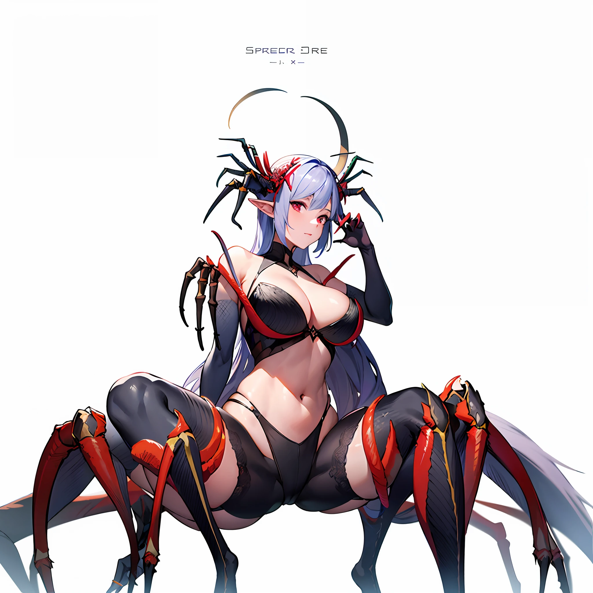 Anime - style rendering of woman with giant spider, spider, anime monster girl, spider, april rendering, spider legs big, spider, spider legs, goddess of darkness, 6 claws, claws, spider phobia, anime girl crouching, monster girl, big spider, spider, banshee, banshee, half-human monster, spider belly unchanged