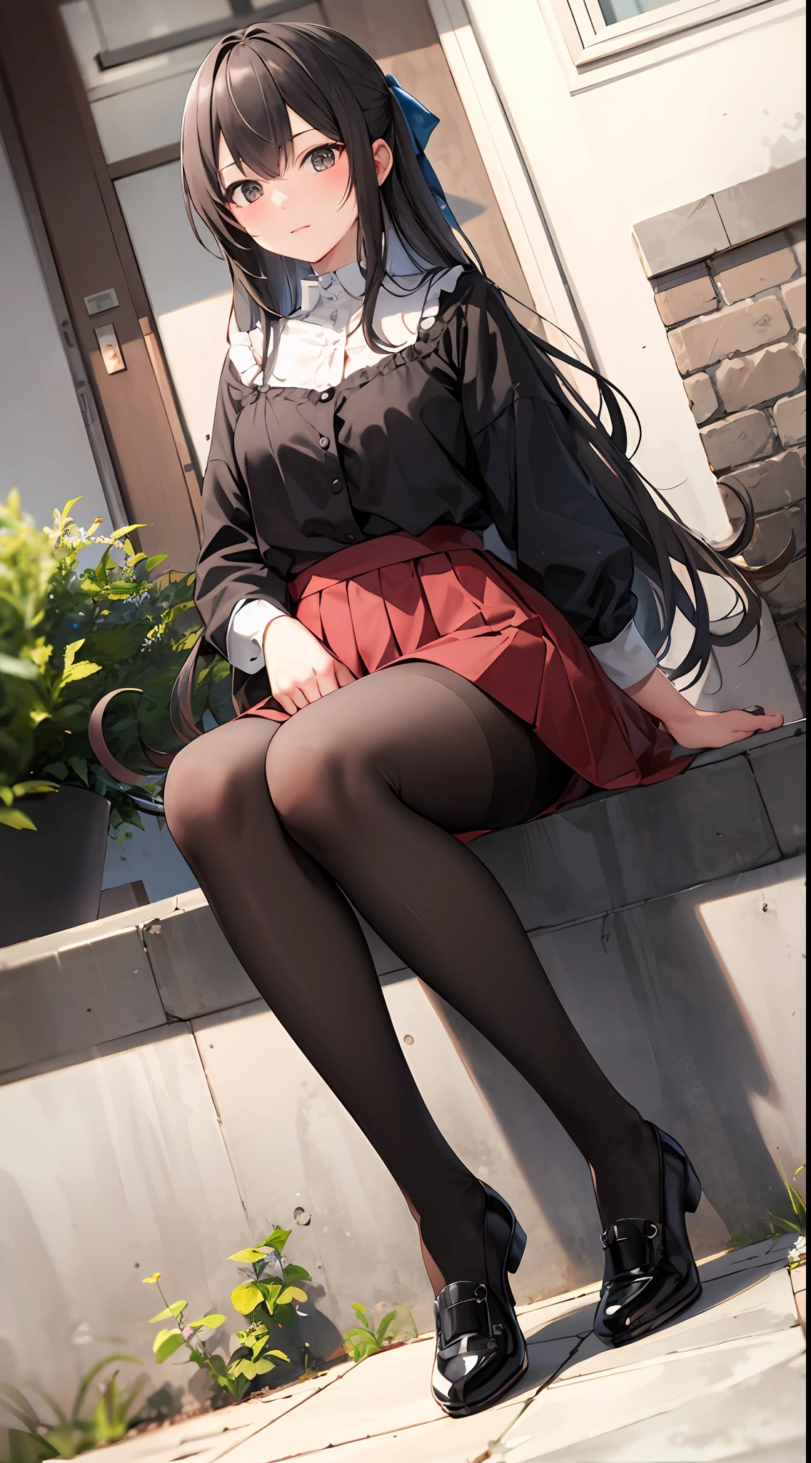 full body view, dutch angle, 1girl, sitting, outdoor