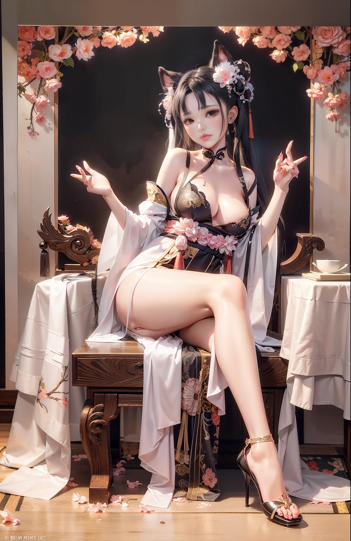 Sexy seductive lady, 30 years old, peach blossom eyes, smoky makeup, silk high-forked hanfu, stiletto heels, (bare legs), provocative expression, sitting on a throne, striped hair, black hair, moles under the eyes, makeup, anime style, seductive smile, kinky smile, chinese court, chinese feeling, lantern, chinese knot, uhq, masterpiece, , 8k, best quality, ccurate, anatomically correct, highly detailed characters, stiletto heels, bare legs, rounded smooth bare legs, (8k, original photo, best quality, Masterpiece,,:1.2),((character)concept art),Full body concept,fine details,Screen center,