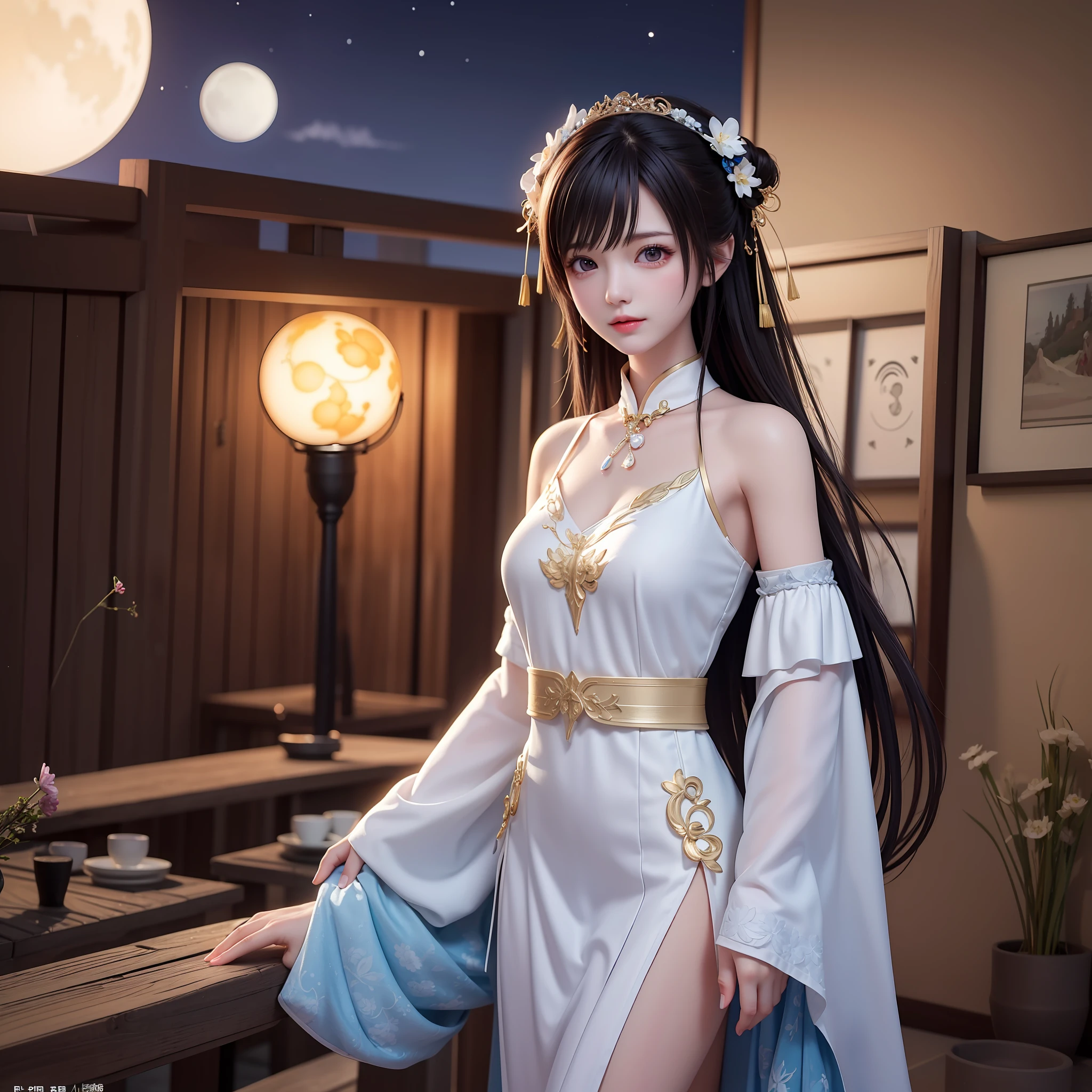 (8k, RAW photo:1.2), best quality, ultra high res,dramatic angle,(fluttered detailed color splashs), (illustration),(((1 girl))),(long hair),(rain:0.9), (头饰:1.4),少女身边有一座古宫,汉服,(重点),彩色水墨画,(泼彩),泼彩,(((colorful))),(素描:0.8) , Masterpiece, best quality, beautiful painted, highly detailed,(denoising:0.6),[splash ink],((ink refraction)), (beautiful detailed sky),moon,highly,detaild,(masterpiece, best quality, extremely detailed） CG unity 8k壁纸，杰作，最好的质量，超详细），（石蒜），