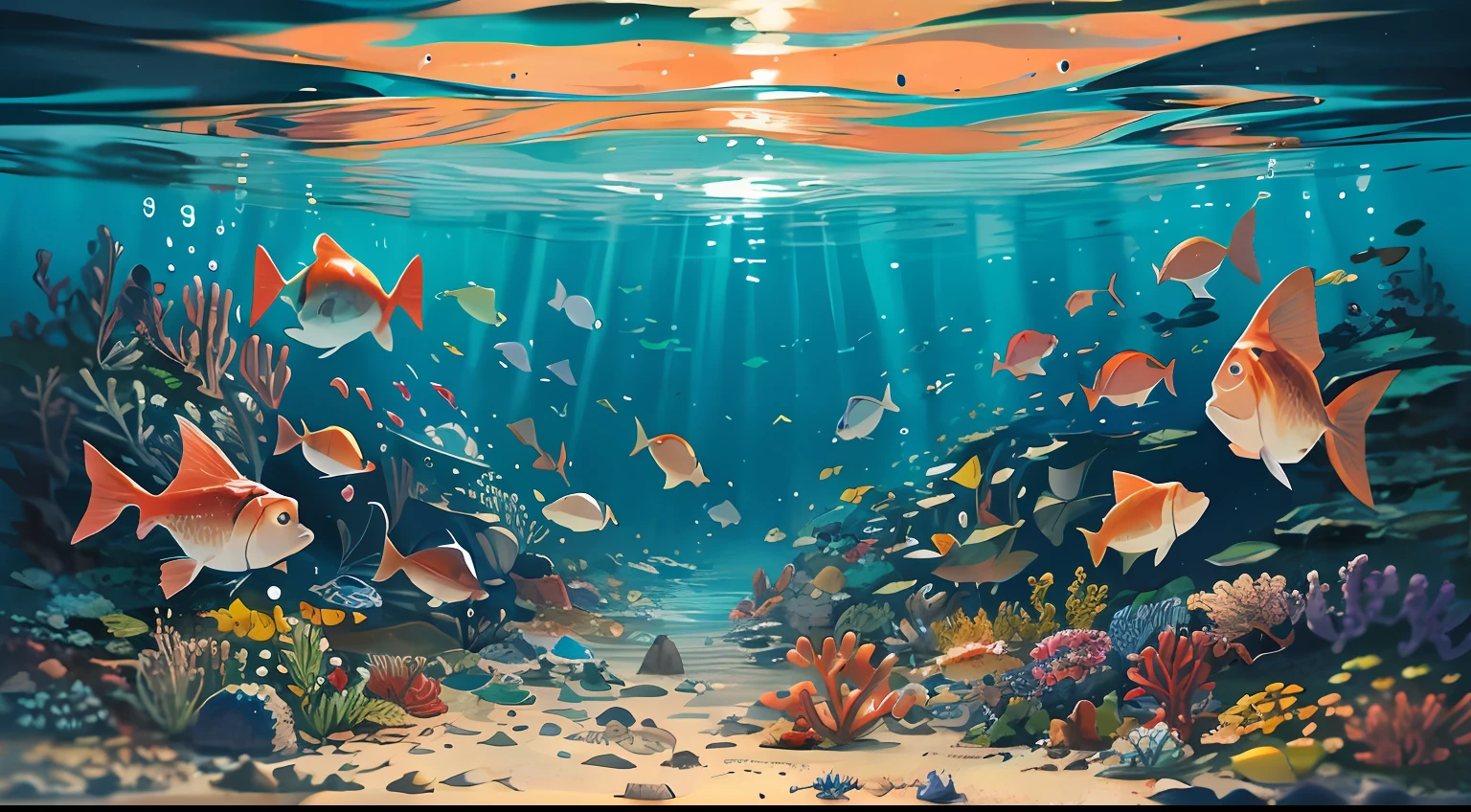 View from the bottom of the sea, night, water, lights, fish, blue sky