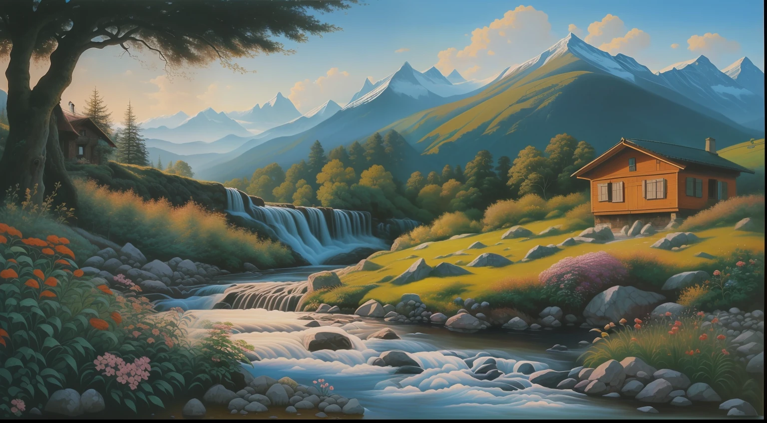 painting of a mountain stream with a house and a waterfall, by Franz Hegi, detailed painting 4 k, detailed scenery —width 672, flowers and waterfalls, beautiful art uhd 4 k, scenery art detailed, by Ulrich Leman, detailed 4 k painting, switzerland, beautiful detailed scene, 4k detailed art, hildebrandt, by Karl Gerstner