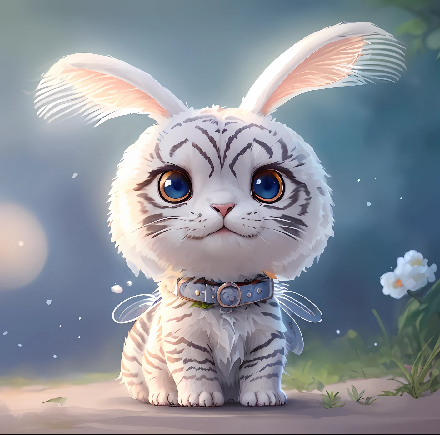 There is a white tiger wearing rabbit ears and collar, detailed and cute digital art, cartoonized rabbit image, cute form rendered in 3D, cute and detailed artwork, charming animal characters, charming cartoon characters, cute little animal images, beautiful digital artwork, fantastic moving eyes, charming forest creatures, cute animals.