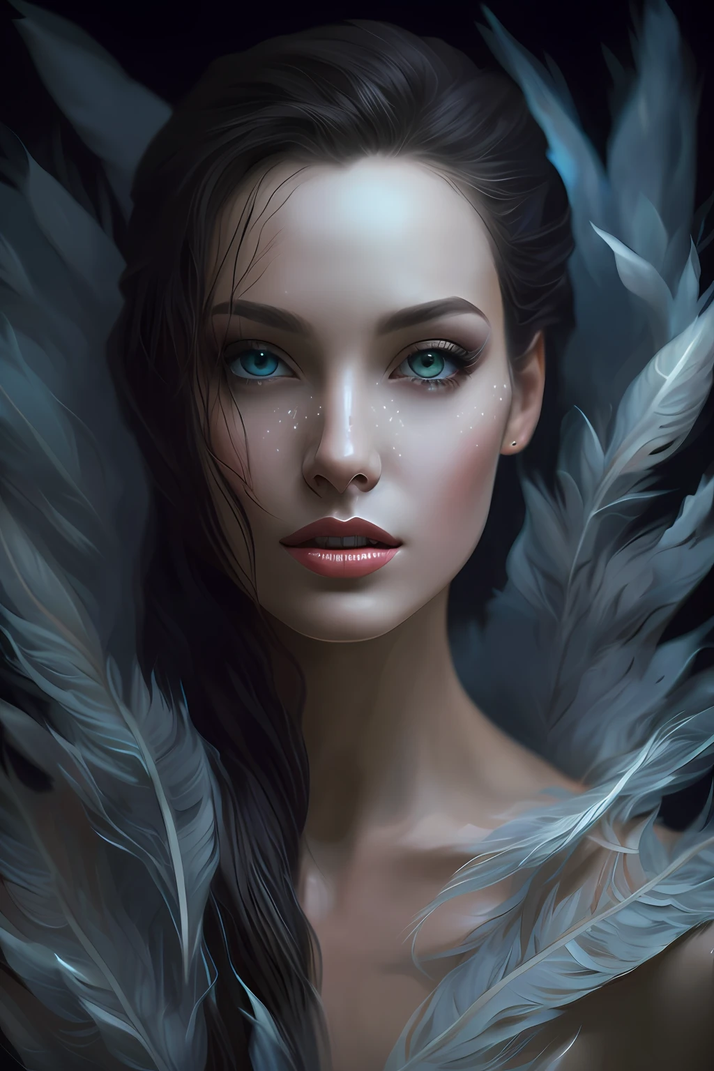 Arafed portrait of a woman with feathers on her shoulders, beautiful fantasy art portrait,lots of lighting, cute costume portrait, highly detailed 4k digital art, beautiful digital art, detailed matte fantasy portrait, fantasy art portrait, digital fantasy portrait, stunning digital illustration, 4k realistic digital art, 4k realistic digital art, cgsociety portrait,  gorgeous digital painting, stunning 8k art
