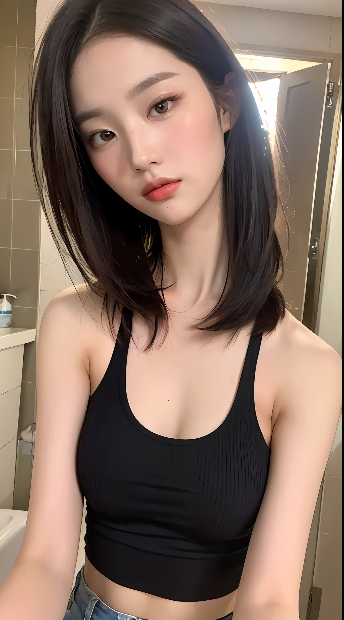 ((Best quality, 8k, Masterpiece :1.3)), Sharp focus :1.2, Perfect Body Beauty:1.4, Slim Abs:1.2, ((Layered hairstyle:1.2)), (Tank top shirt:1.1 ), (Bathroom:1.2), Highly detailed face and skin texture, Detailed eyes, Double eyelids, summer clothes,