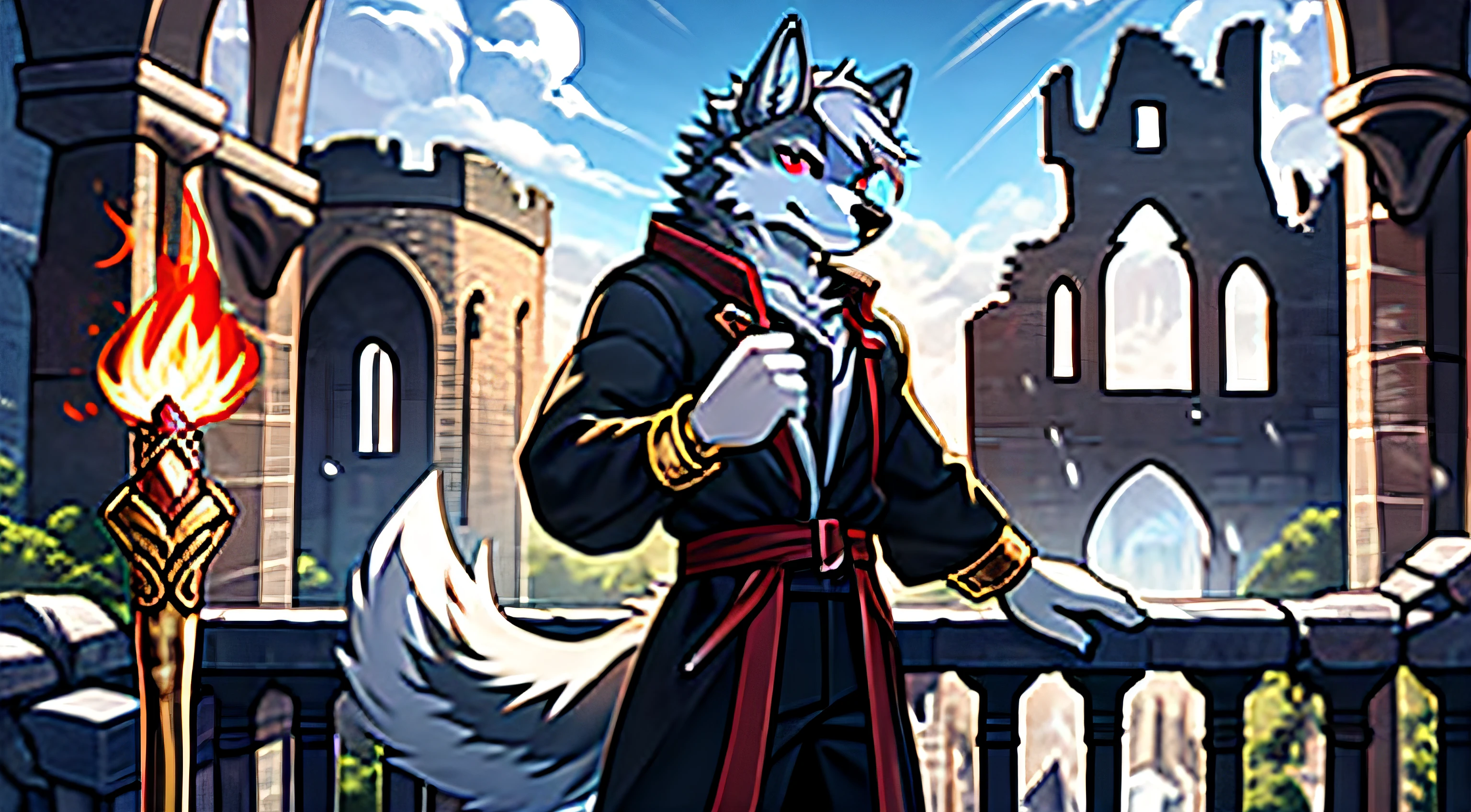 (male wolf) (furry), in the ruins of a castle, on a balcony, detailed face (left eye red) (right eye white) (gray hair with red stains), short hair, looking at viewer, seductive smile (smirking), trench coat with golden accessories, dark gray dress pants, digital painting, furry art, mage, yielding a staff, magical fire, black fur, long soft tail,