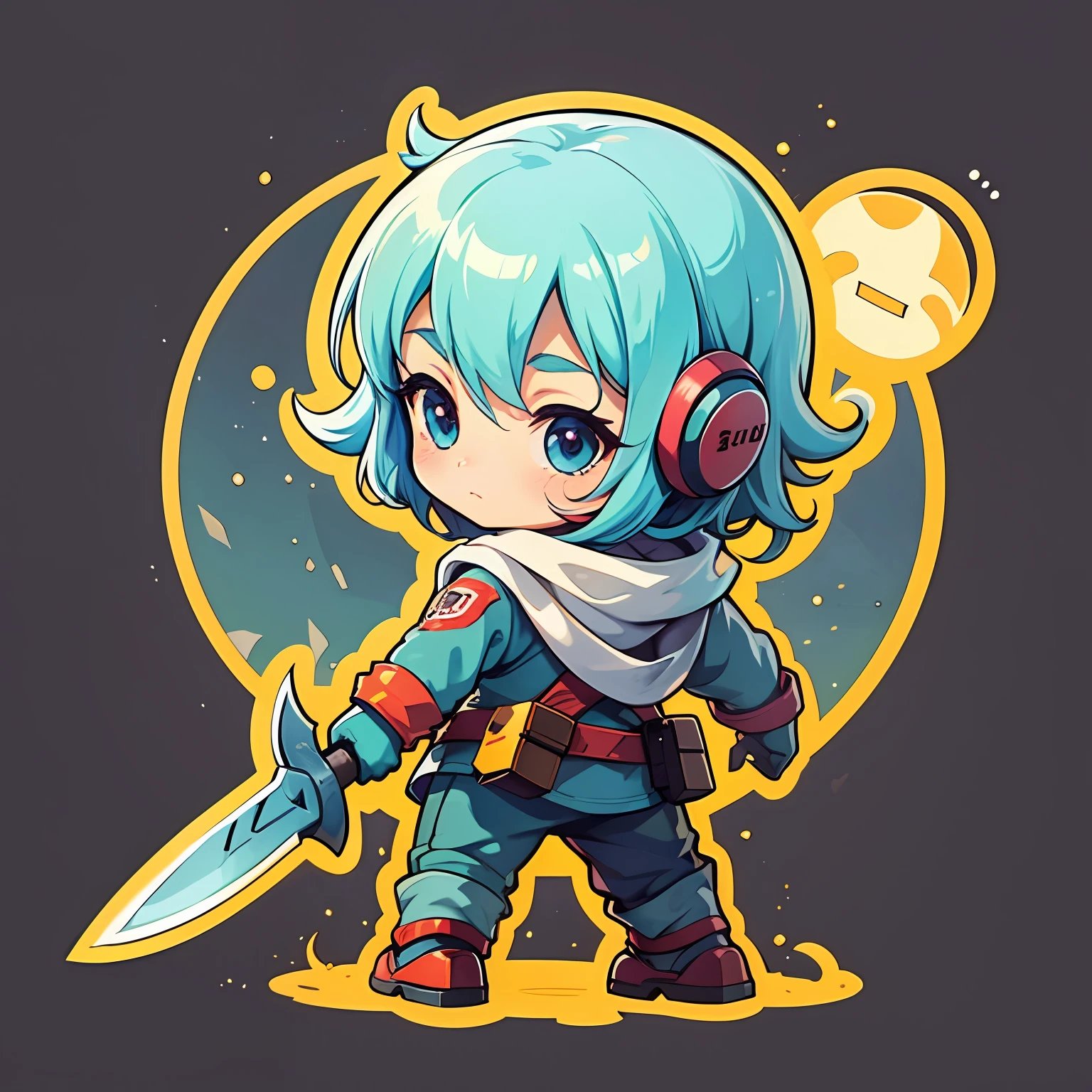 (Sticker: 1.5), back to the lens, simple flat background, Blade of Alien, Honmura, Light, Chibi Chara, Solo, Full Body