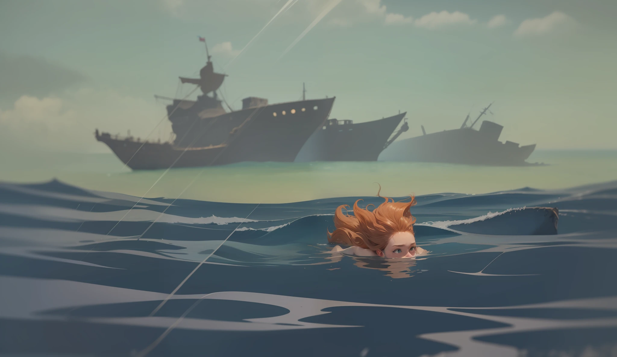 The mermaid swims towards the broken ship to save the prince